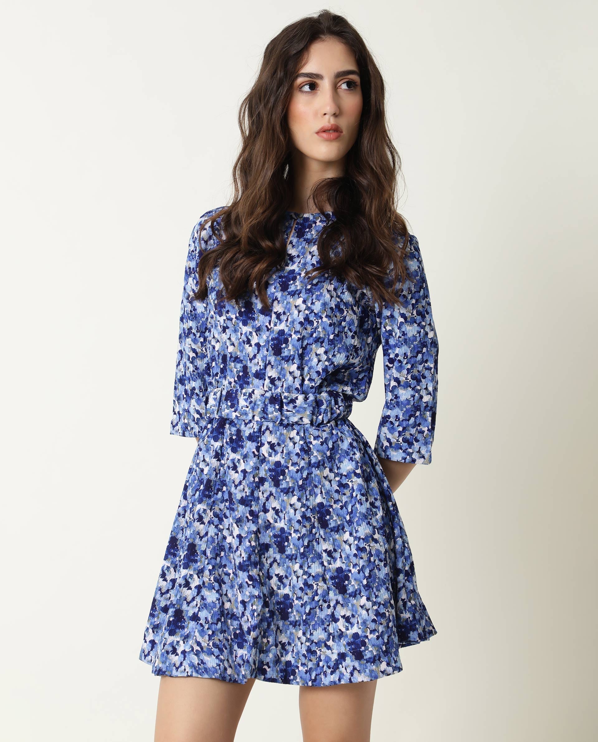 Rareism Womens Maisey Blue Dress Polycoton Fabric Half Sleeve Round Neck