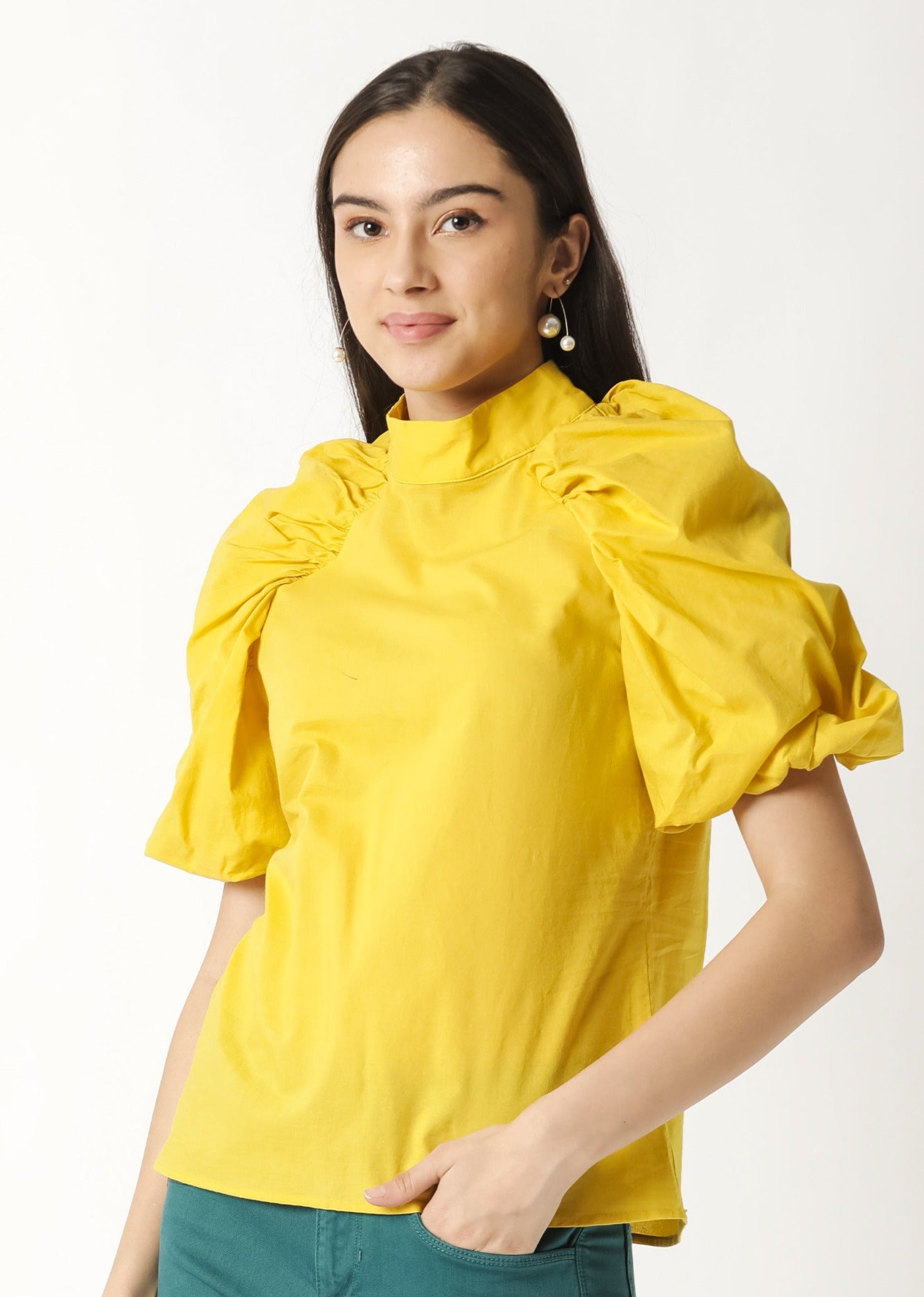 Rareism Womens Bobby Yellow Top Cotton Fabric Half Sleeve High Neck