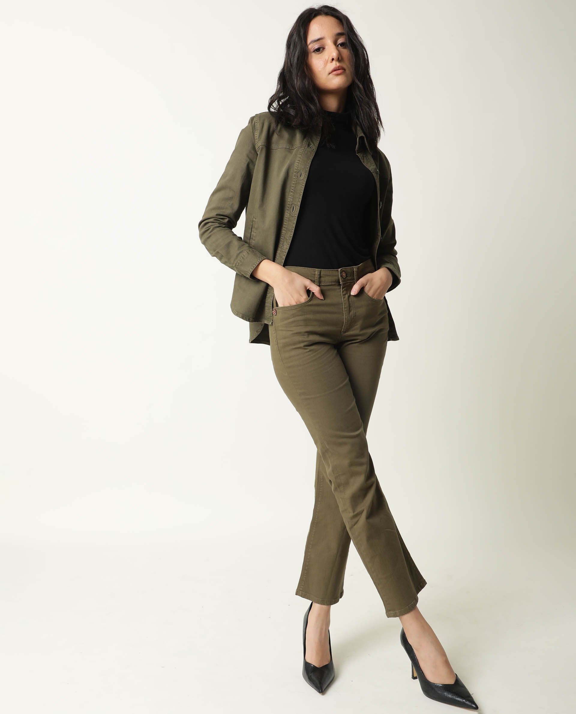 Rareism Women Mission Green Cotton Lycra Fabric Full Sleeves Solid Shirt Collar Jacket
