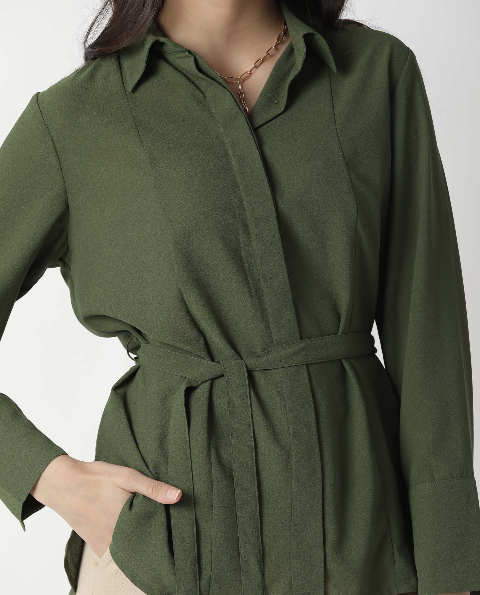 Rareism Women Mould Green Top Full Sleeves Solid
