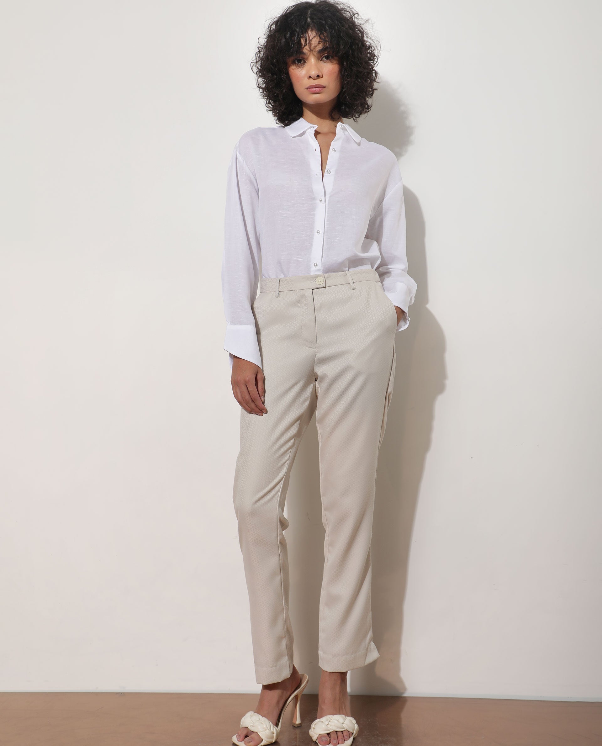 Rareism Women's Maeve Beige Polyester Blend Plain Ankle Length Tailored Trouser