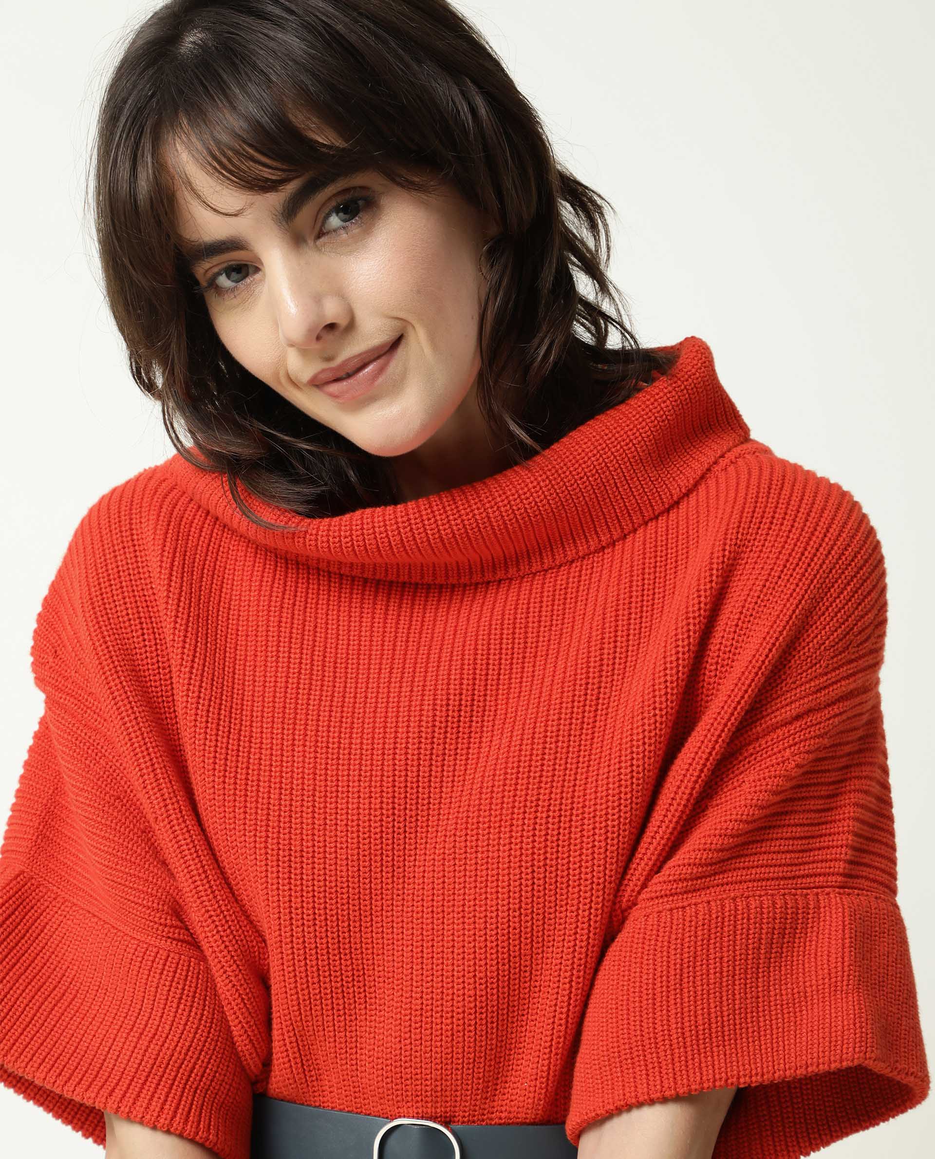 Rareism Women Daffy Orange Cotton Fabric Half Sleeves Relaxed Fit Solid Cowl Neck Sweater