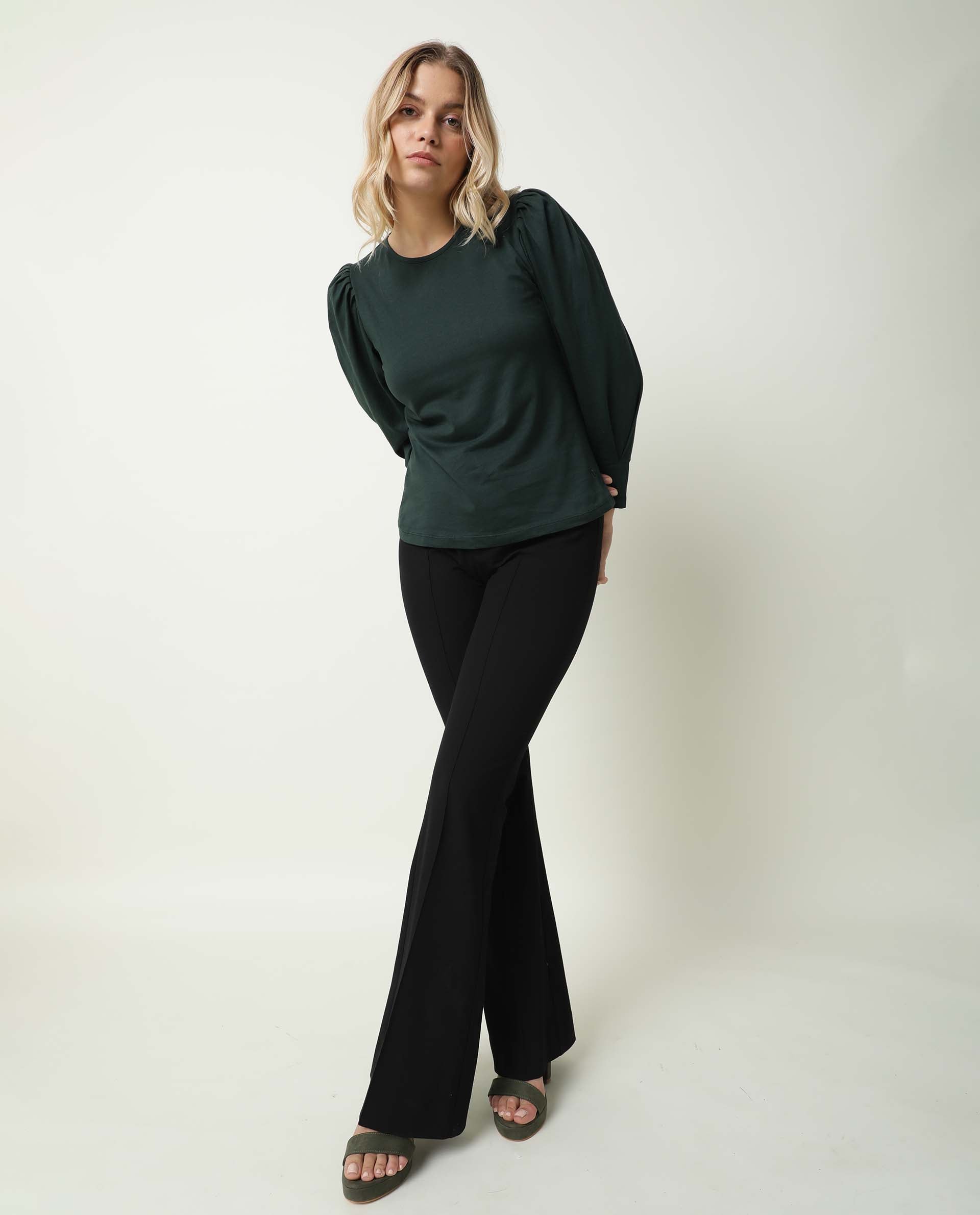 Rareism Women Ballerina Dark Green Cotton Fabric Regular Fit Knee Length Boat Neck 3/4Th Sleeves Solid Top