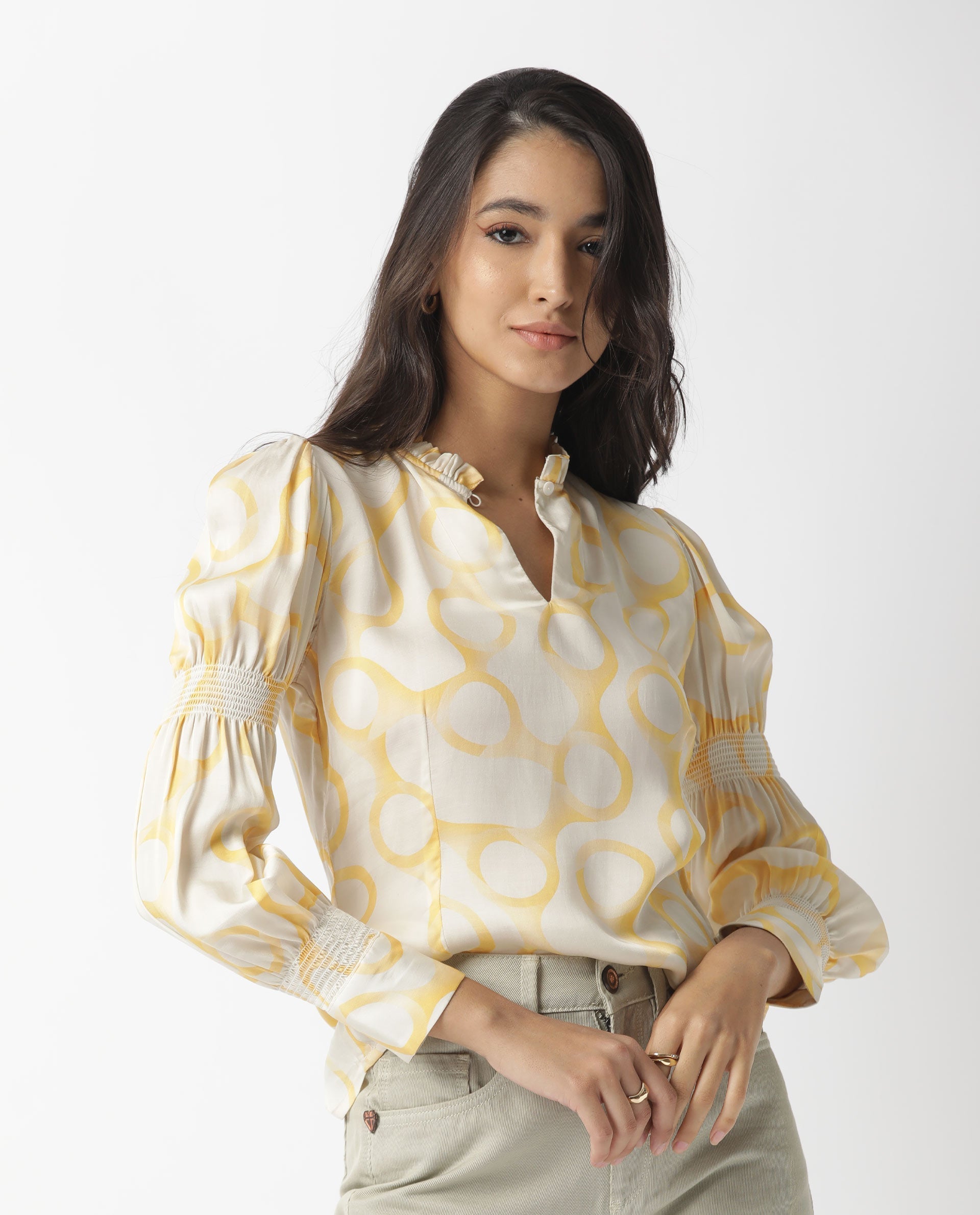 Rareism Women's Emm Offwhite Modal Blend Sweetheart Neck Printed Ruffled Sleeve Slim Fit Top