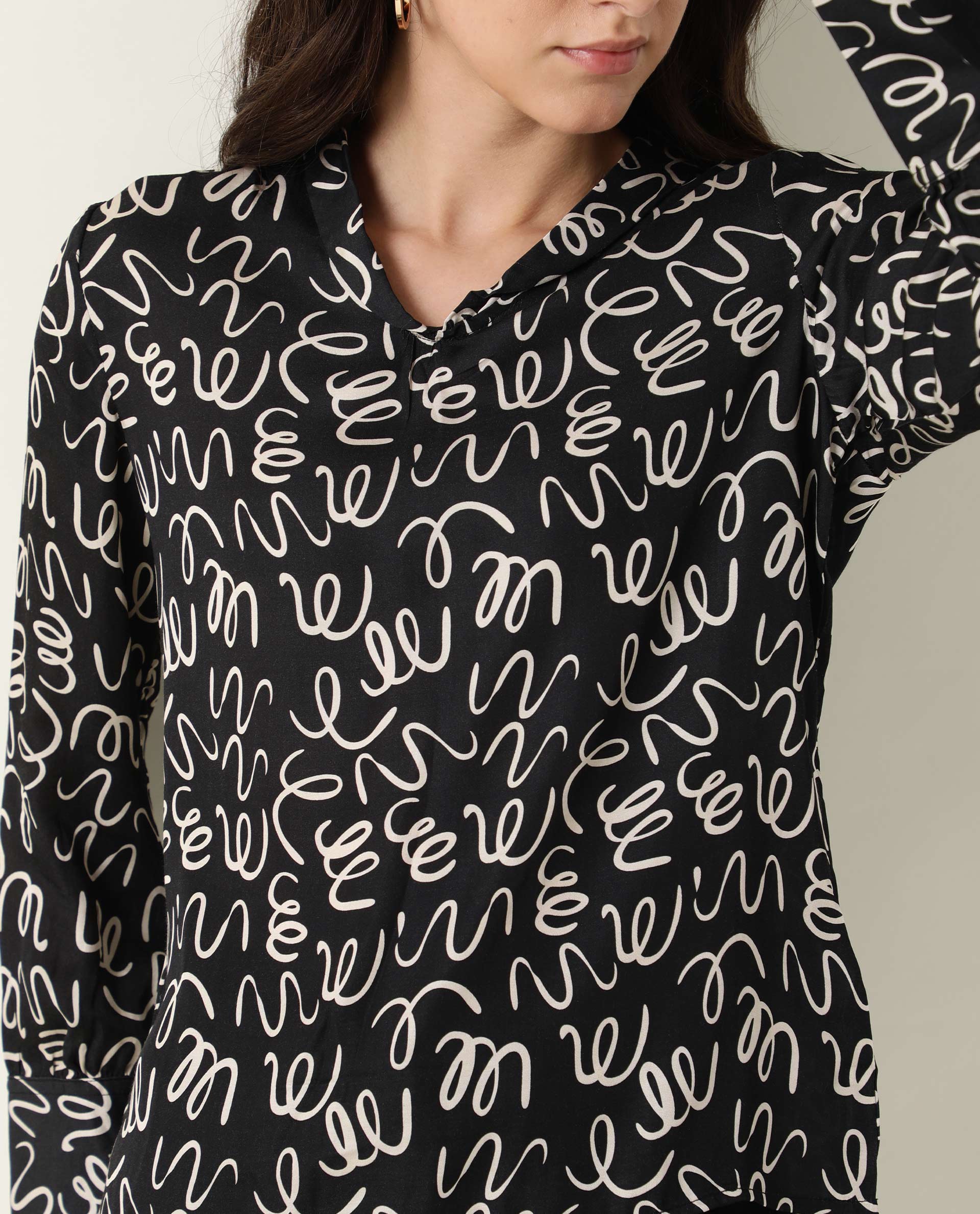 Rareism Womens Zesh Black Top Modal Satin Fabric Regular Fit Full Sleeve High Neck