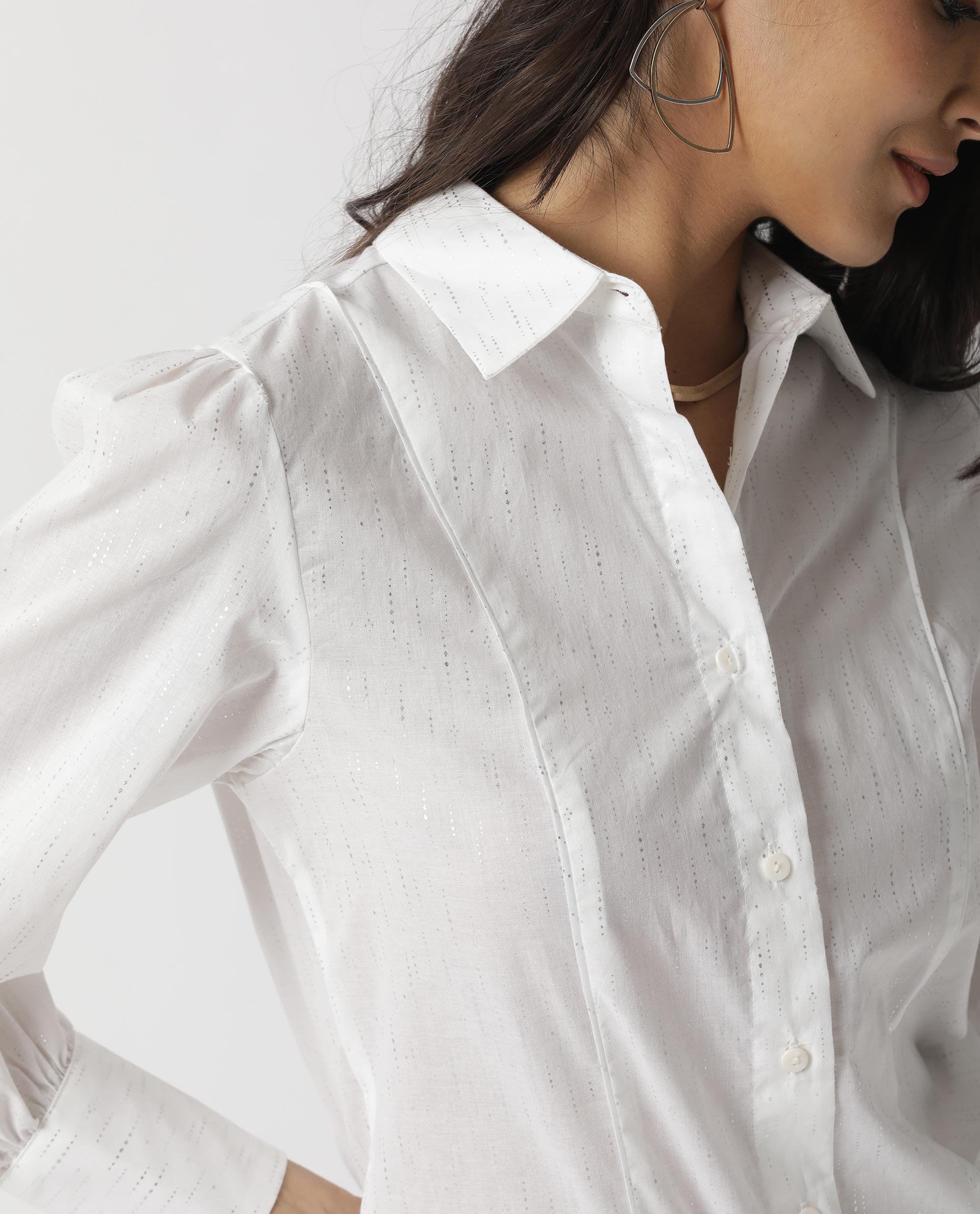 Rareism Women's Camelo White Cotton Spread Collar Plain Regular Fit Top