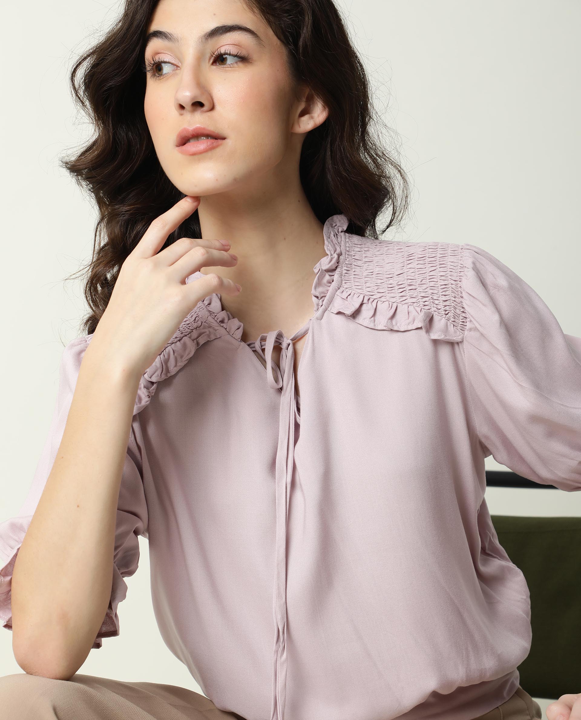 Rareism Womens Jazz Purple Top Viscose Fabric Regular Fit Puff Sleeves Tie Up Neck