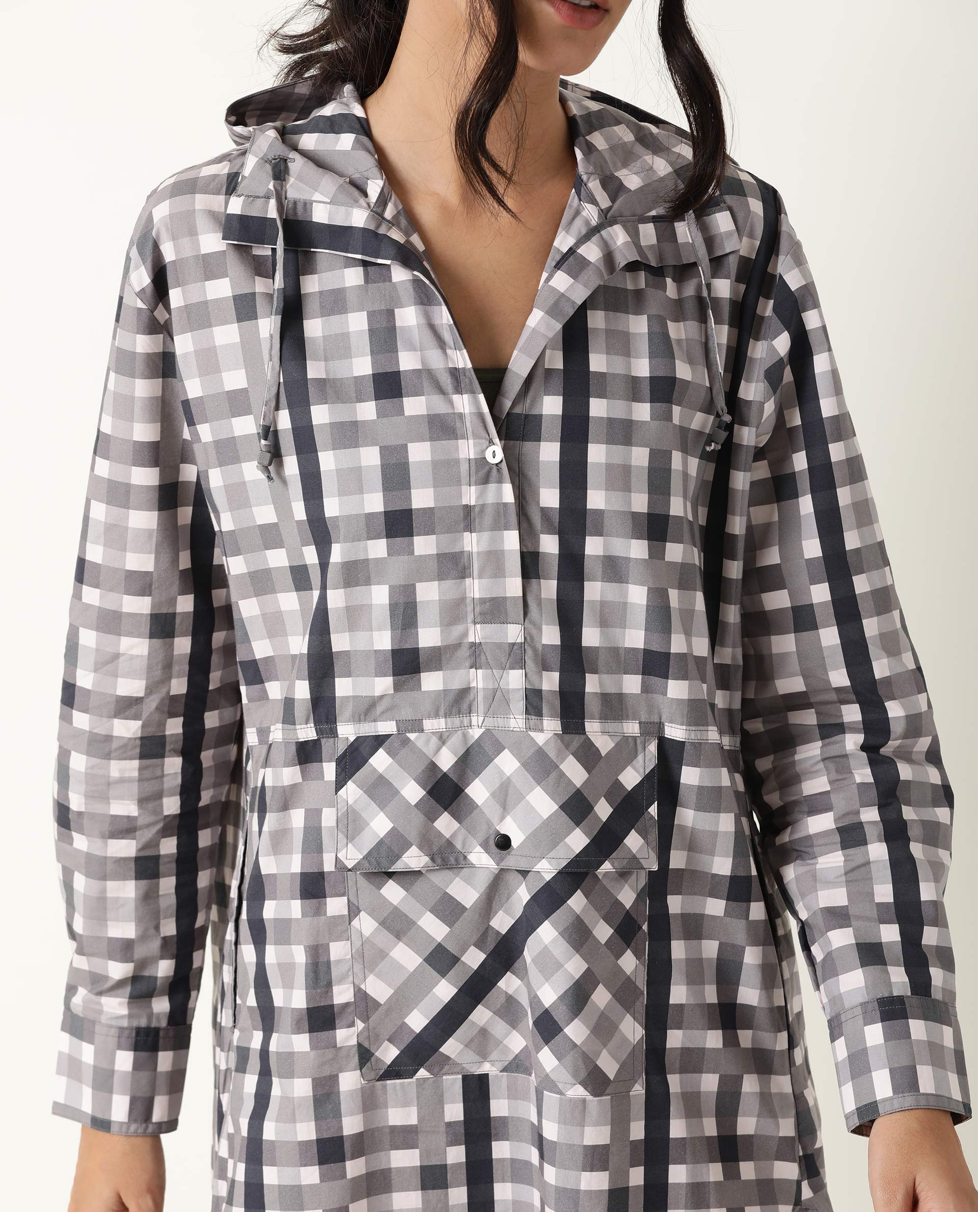 Rareism Women's Loreal Grey Hooded Checked Knee Length Regular Fit Dress