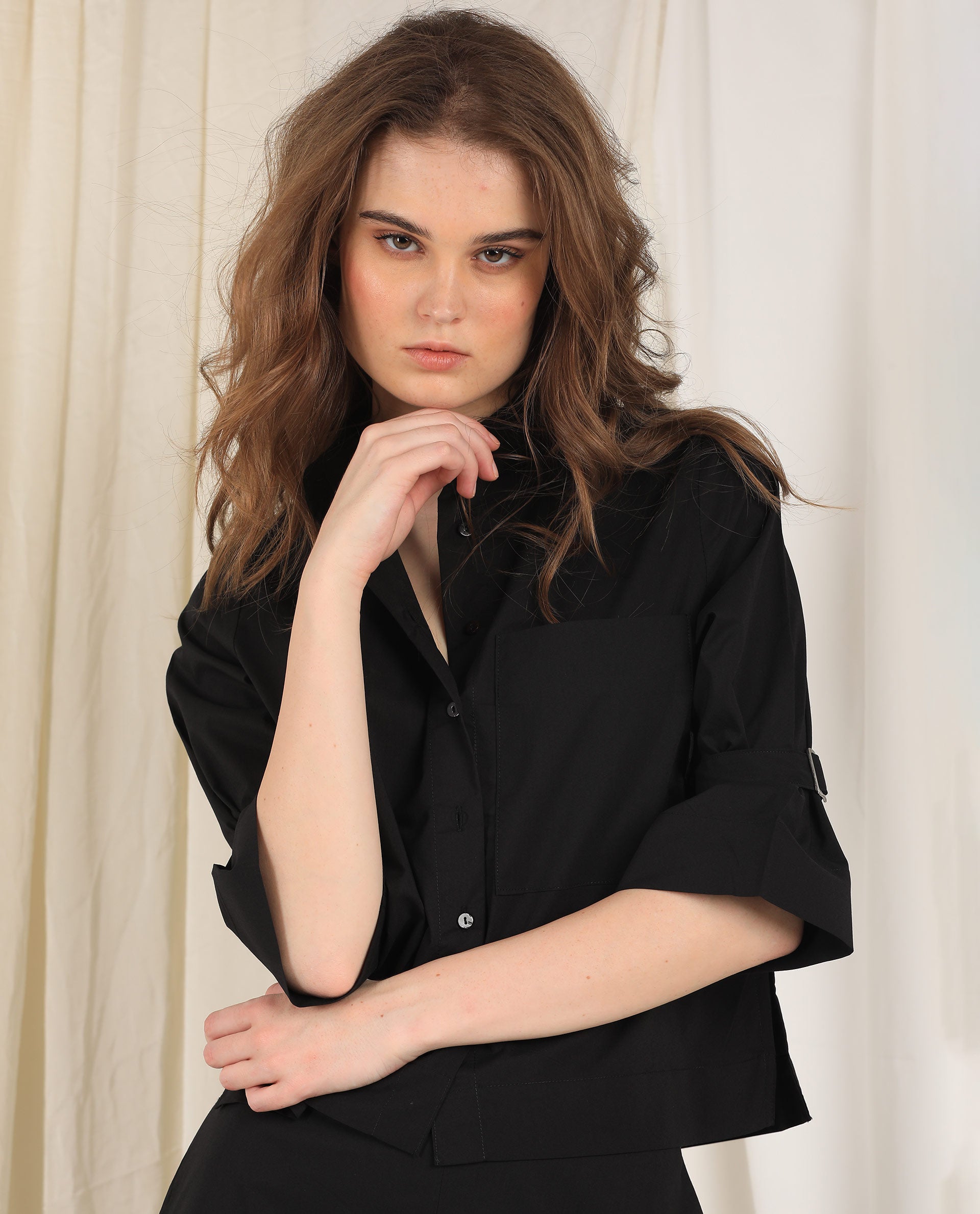 Rareism Women's Sendai Black Mandarin Collar Plain Knee Length Regular Fit Top