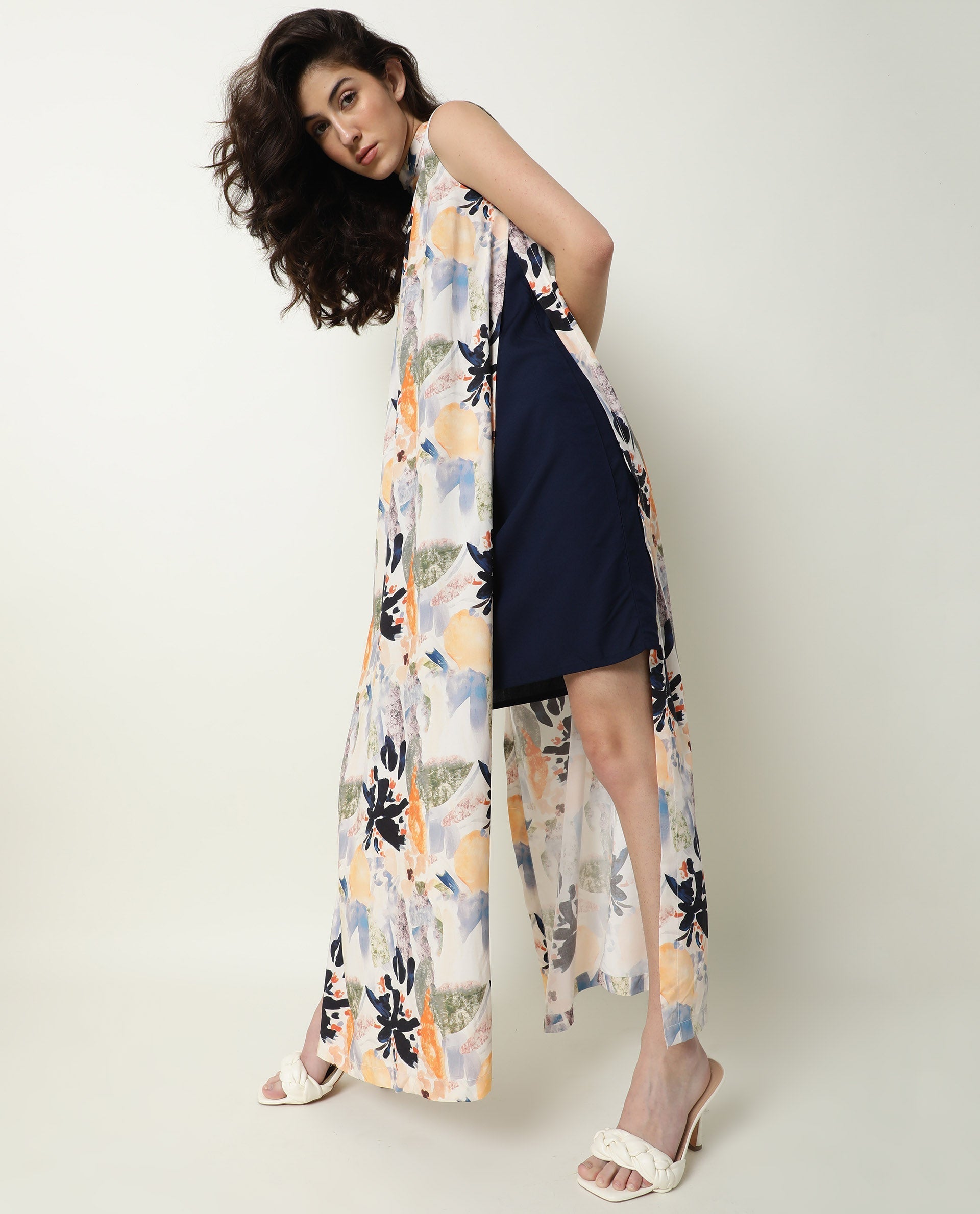 Rareism Women's Isa Multi High Neck Floral Print Sleeveless Knee Length Regular Fit Dress