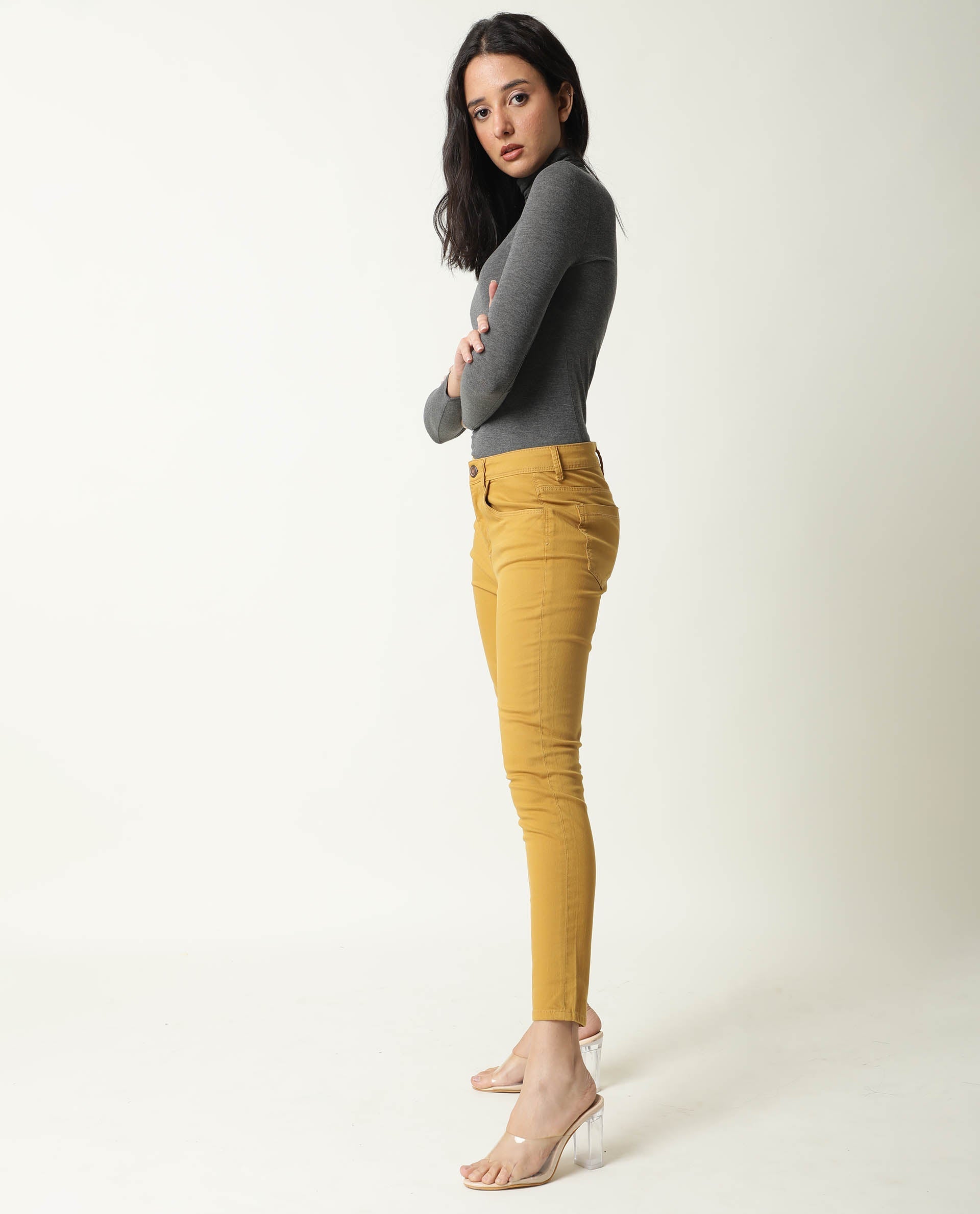 Rareism Women Metty Mustard Cotton Lycra Fabric Mid Rise Solid Slim Fit Ankle Length Jeans