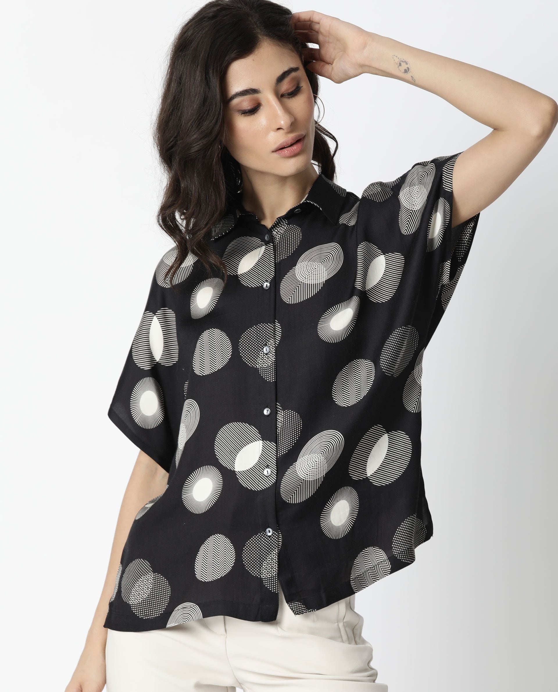Rareism Women Emile Black Top Short Sleeves Printed