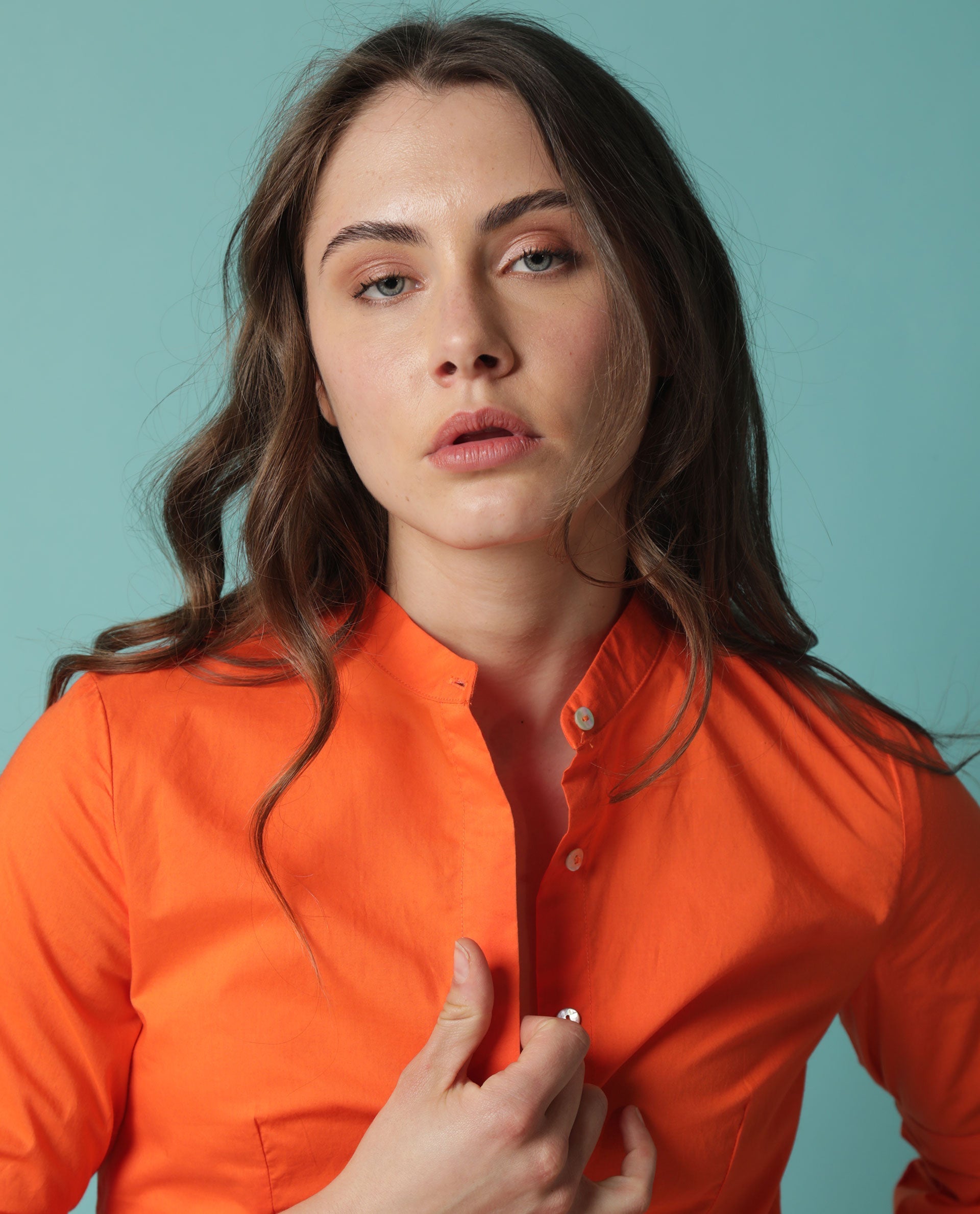 Rareism Women's Tips Orange Cotton Mandarin Collar Plain Regular Fit Top