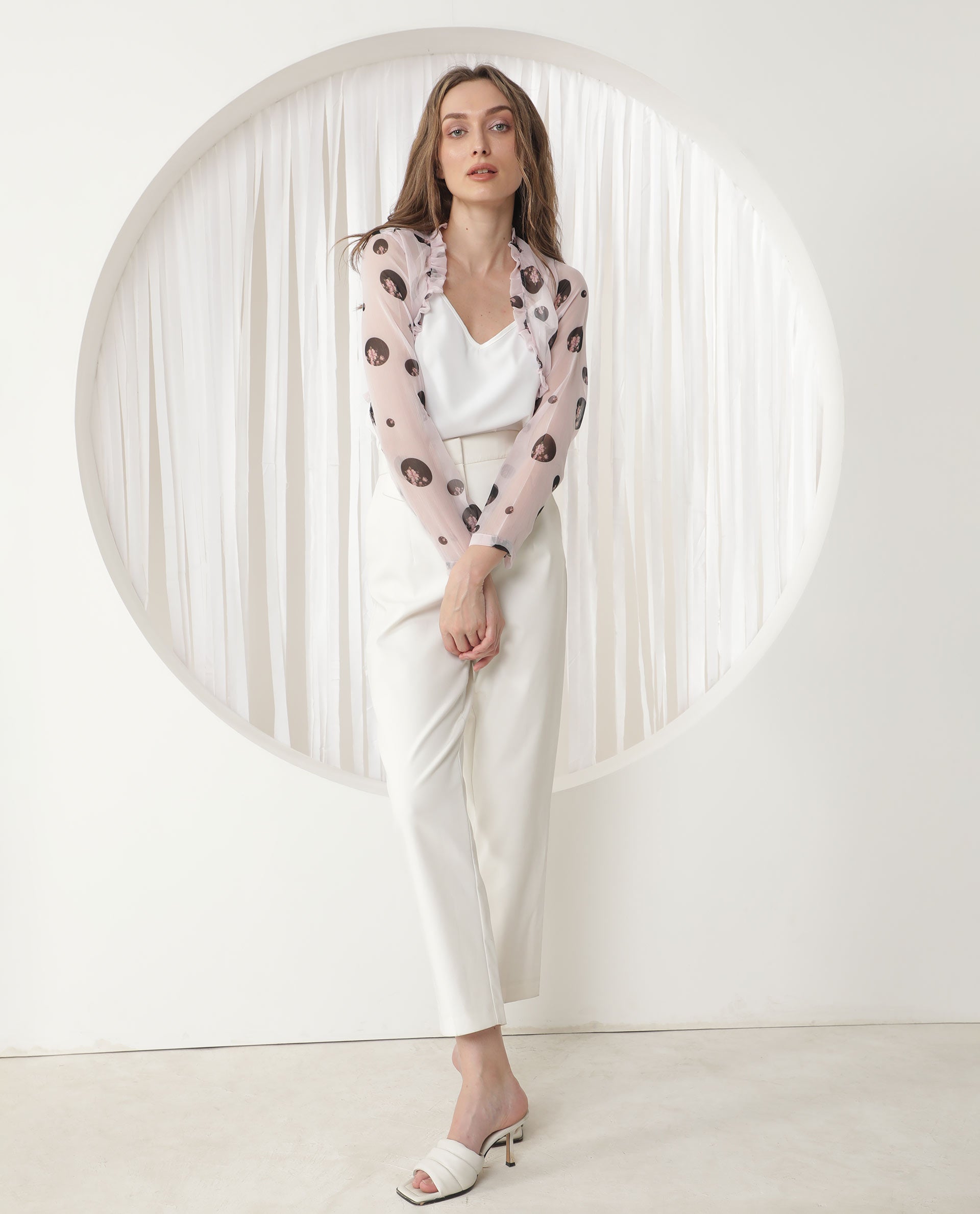 Rareism Women Fern Light Pink Polyester Fabric Full Sleeves Regular Fit Floral Print Shrug