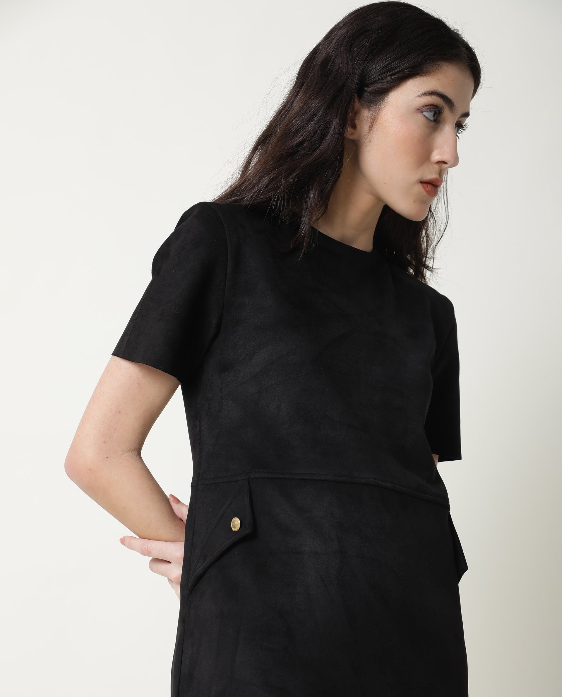 Rareism Women's Sions Black Crew Neck Plain Knee Length Tailored Dress