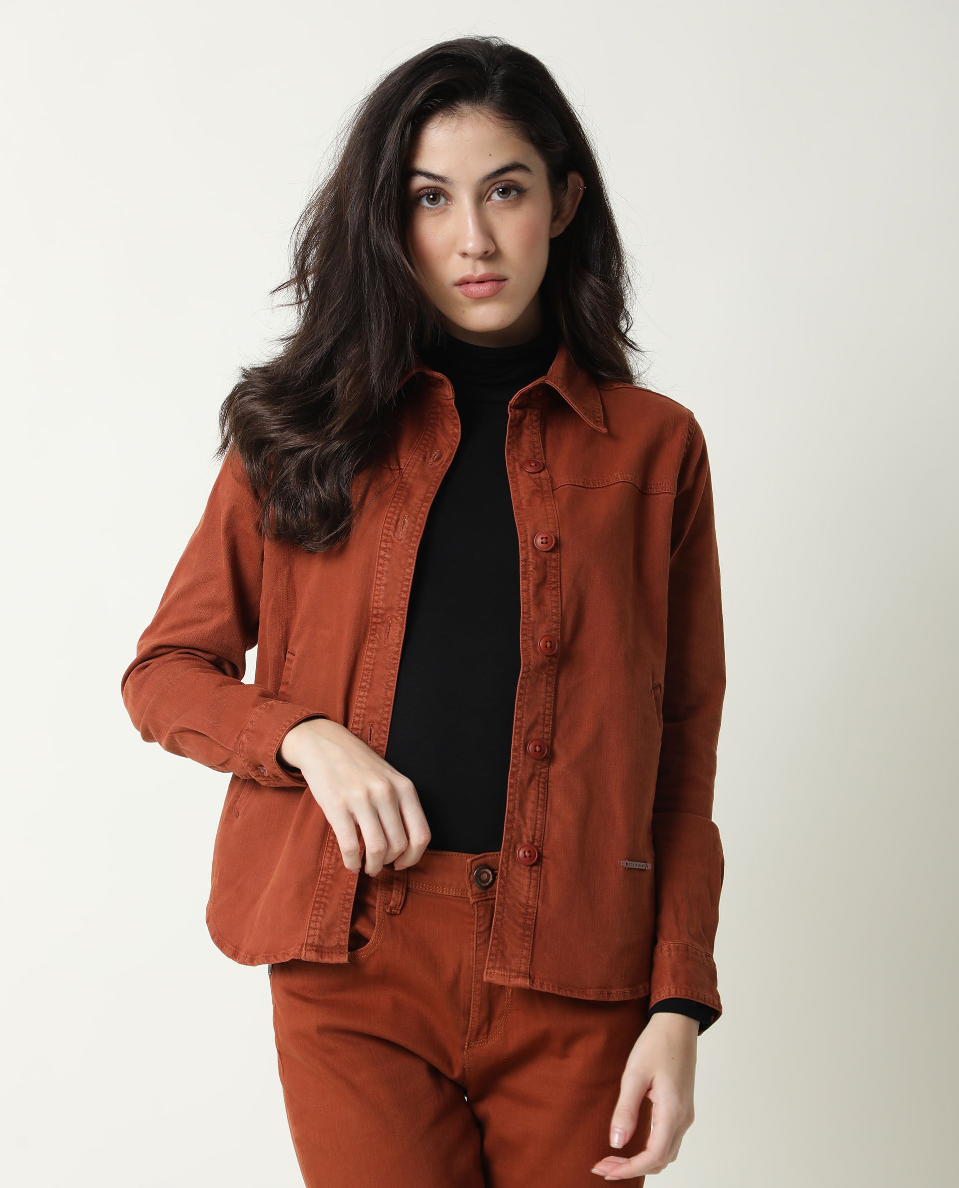 Rareism Women Mission Rust Cotton Lycra Fabric Full Sleeves Solid Shirt Collar Jacket