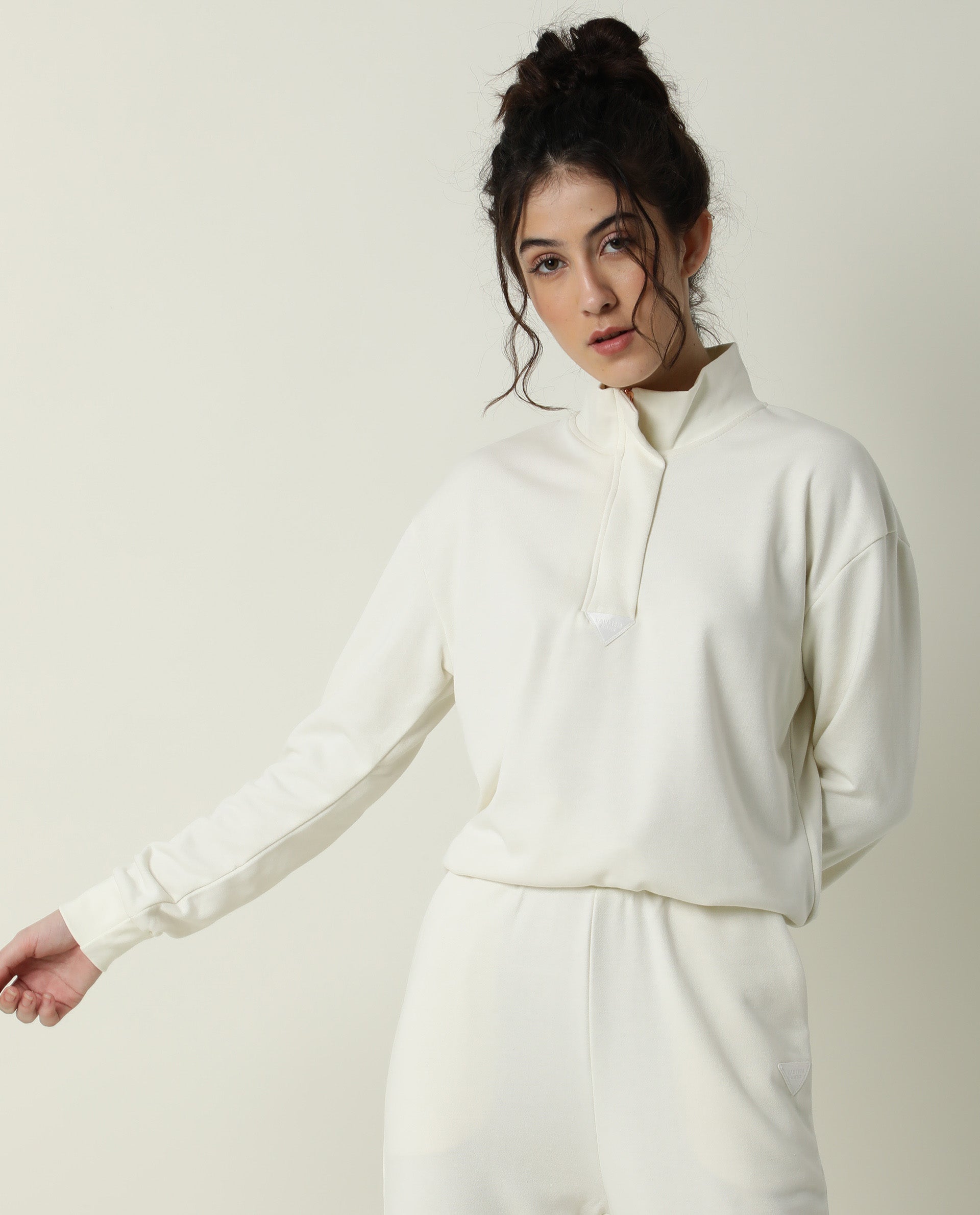 Rareism Women's Taffy-1 Off White High Neck Plain Relaxed Fit Sweatshirt