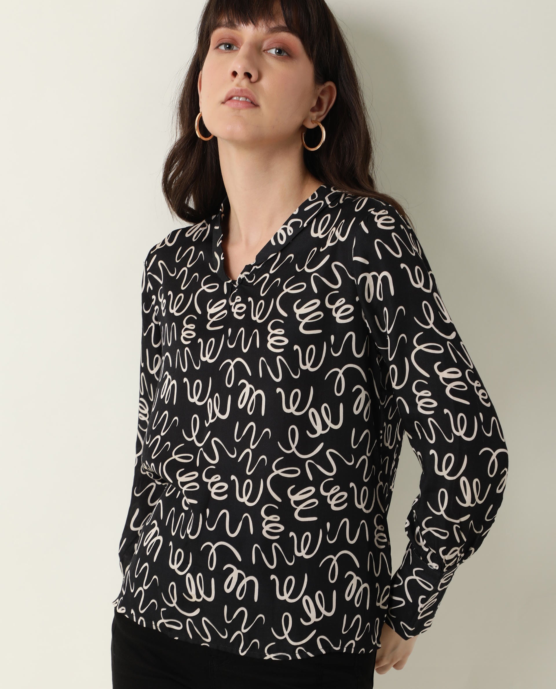 Rareism Womens Zesh Black Top Modal Satin Fabric Regular Fit Full Sleeve High Neck