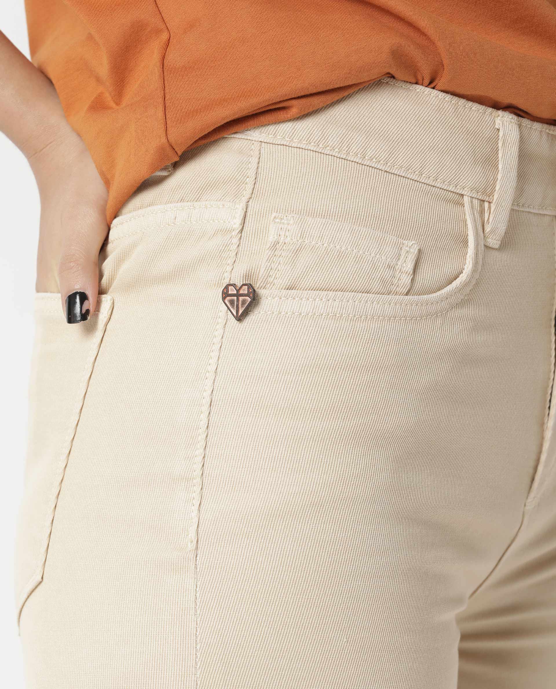 Rareism Womens Ginno Beige Trouser Cotton Fabric Regular Fit Button Closure High Rise Waist Rise Ankle Length