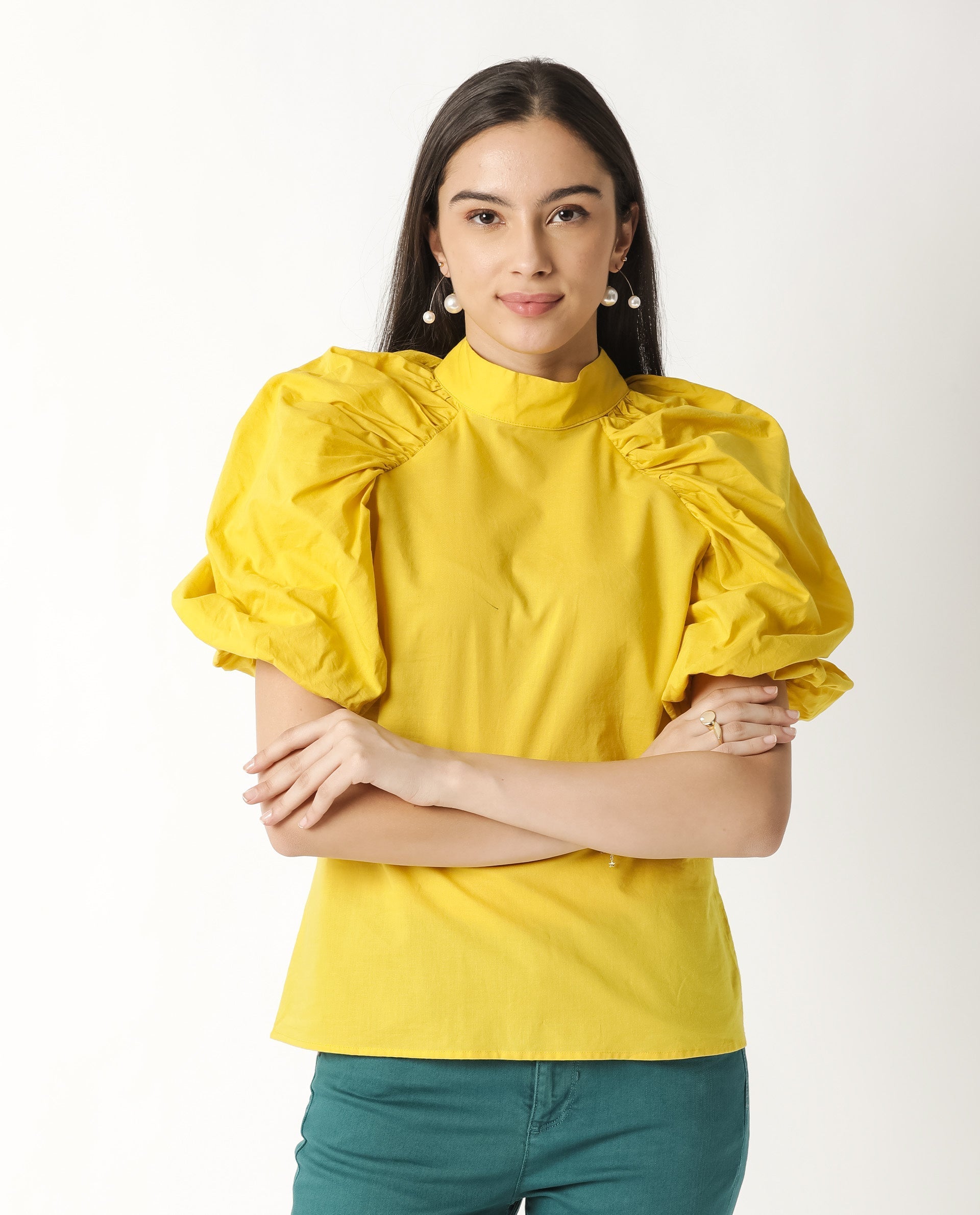 Rareism Womens Bobby Yellow Top Cotton Fabric Half Sleeve High Neck