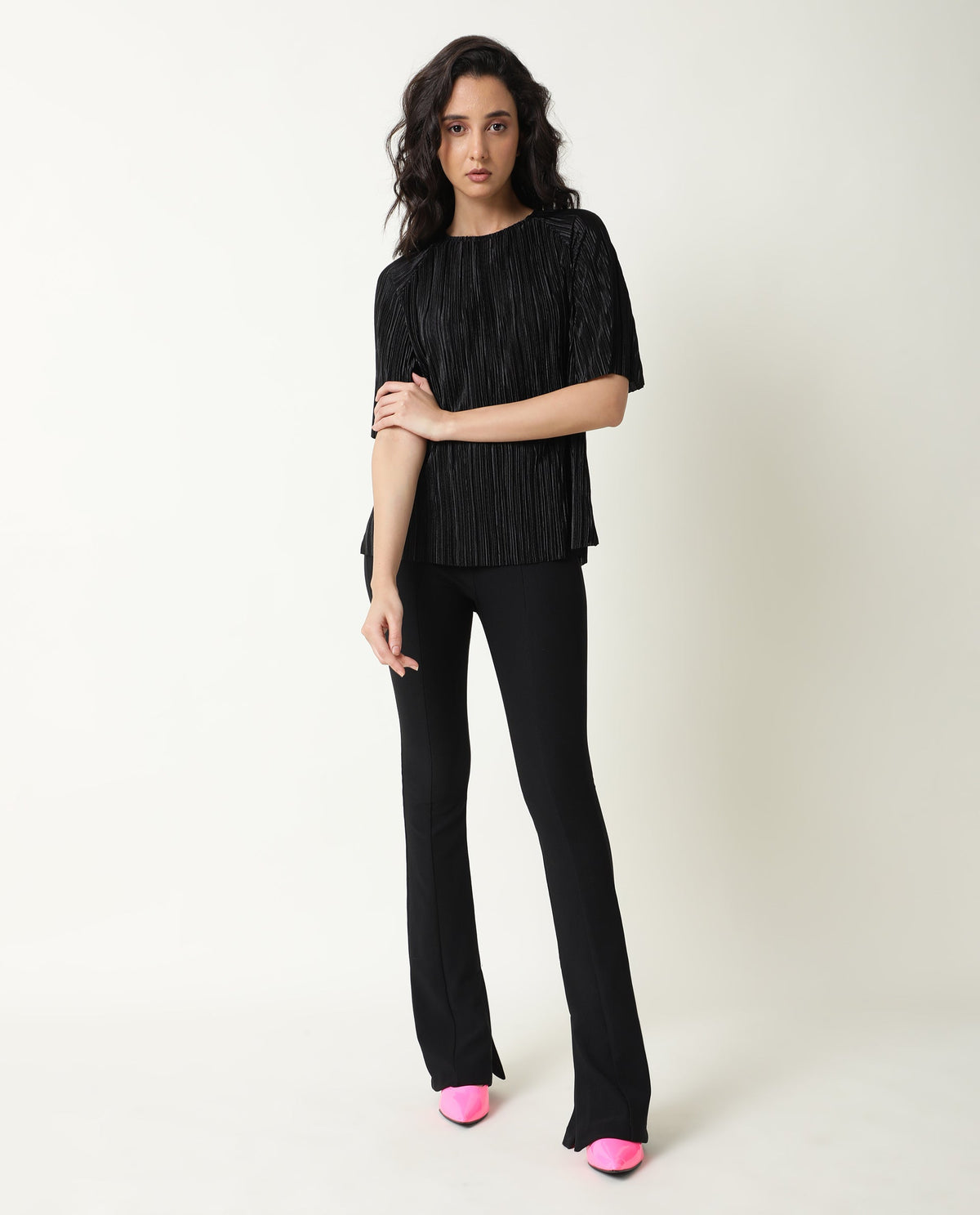 Rareism Women Shory Black Top Polyester Fabric Full Sleeves Solid