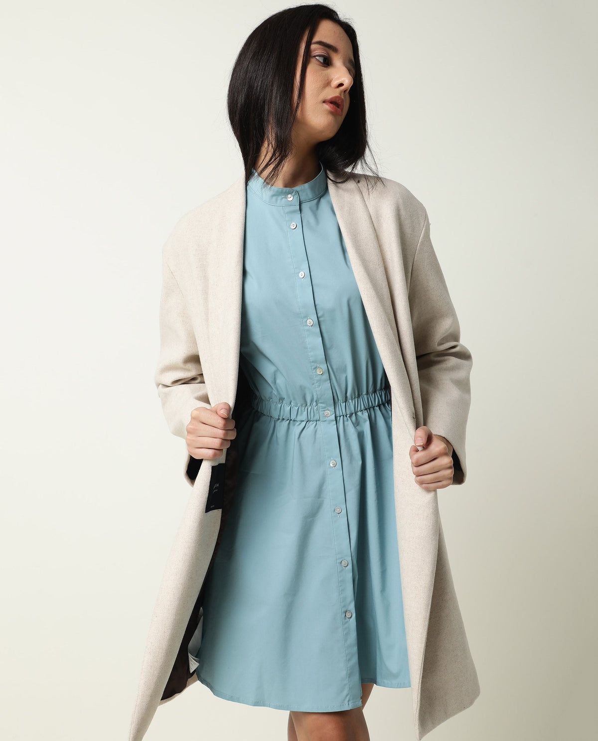 Rareism Women Darla Blue Mandarin Collar Full Front Button Closure Placket With Full Sleeves And Pocket Mini Dress