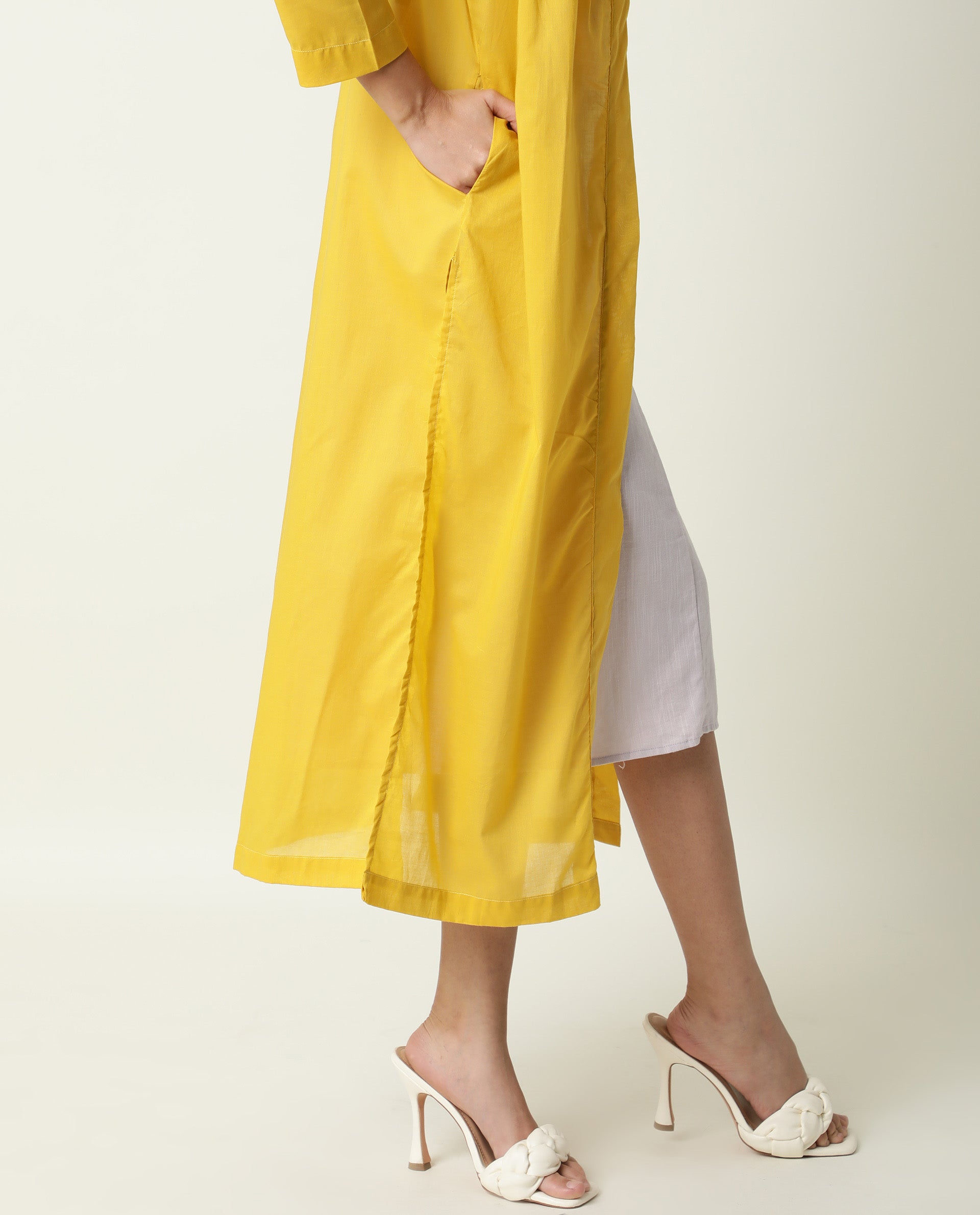 Rareism Women's Java Yellow Cotton Collarless Plain Knee Length Regular Fit Shrug