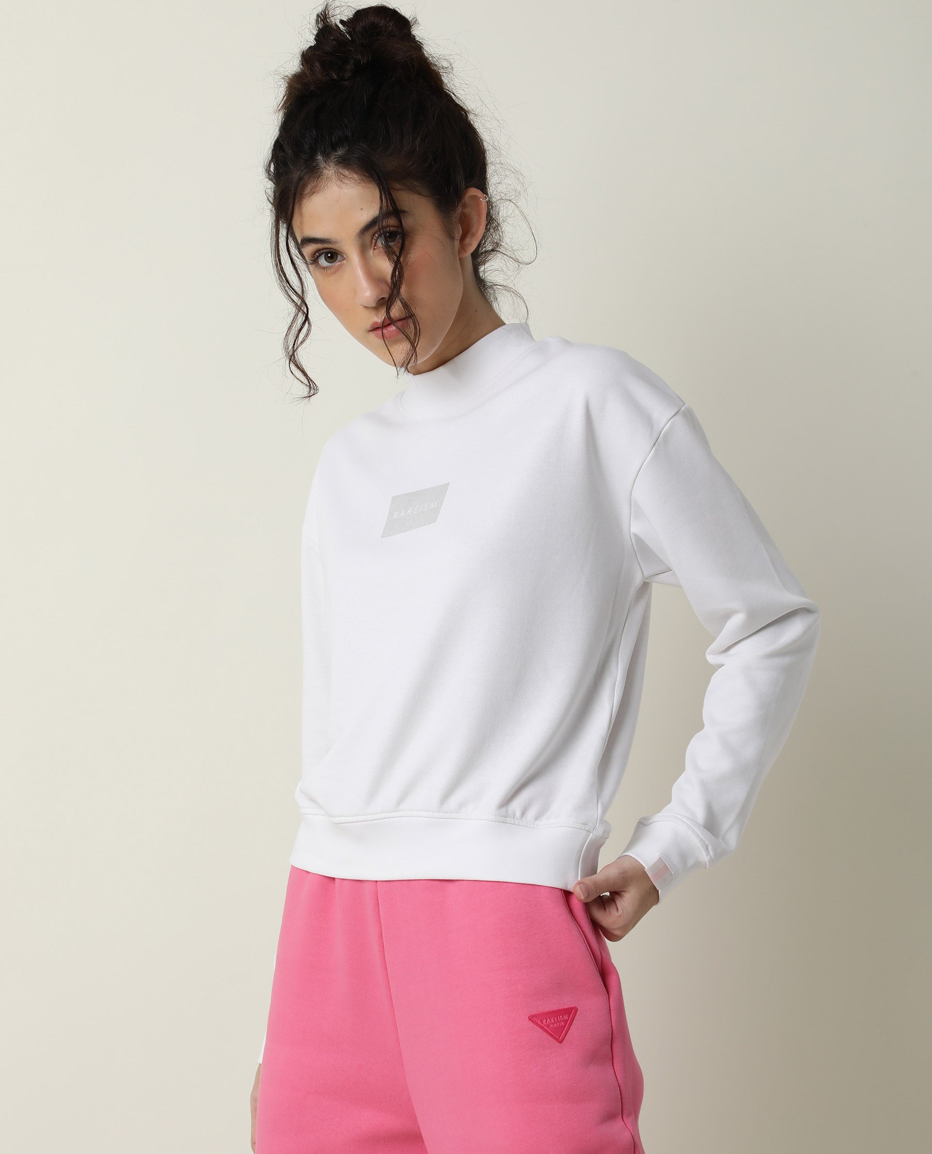 Rareism Women's Hectare White Cotton Blend High Neck Plain Relaxed Fit Sweatshirt