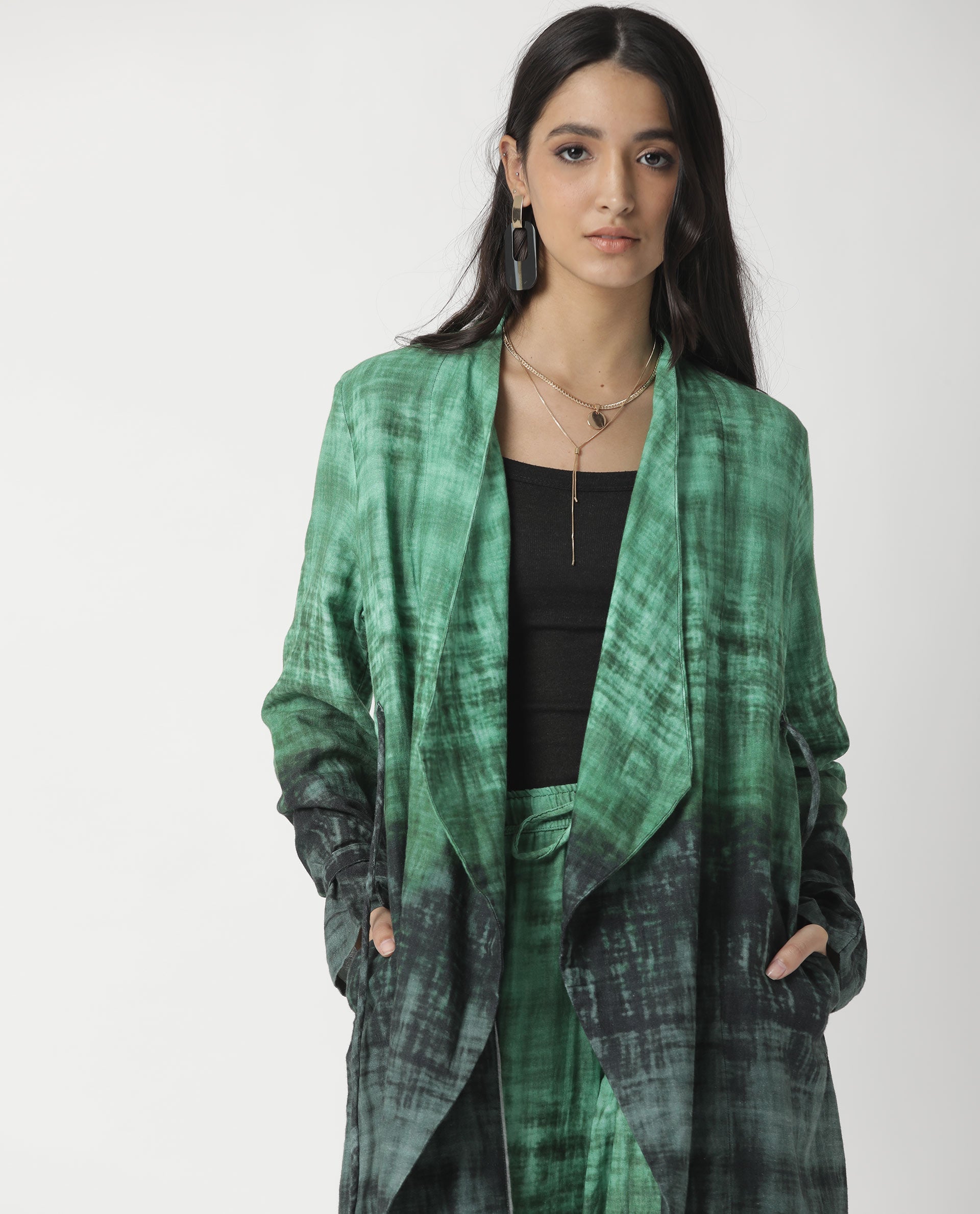 Rareism Women's Boss Green Cotton Collarless Regular Fit Outer Wear
