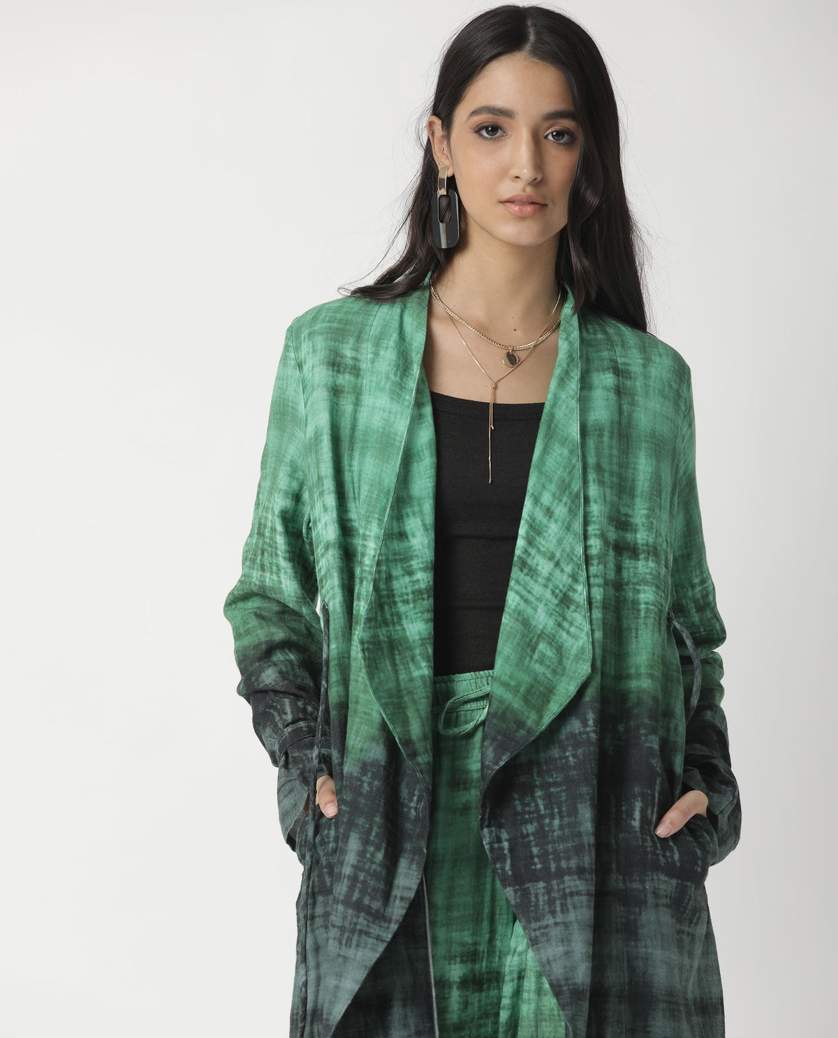 Rareism Women Boss Green Cotton Fabric Regular Fit Knee Length Abstract Print Collarless Outer Wear
