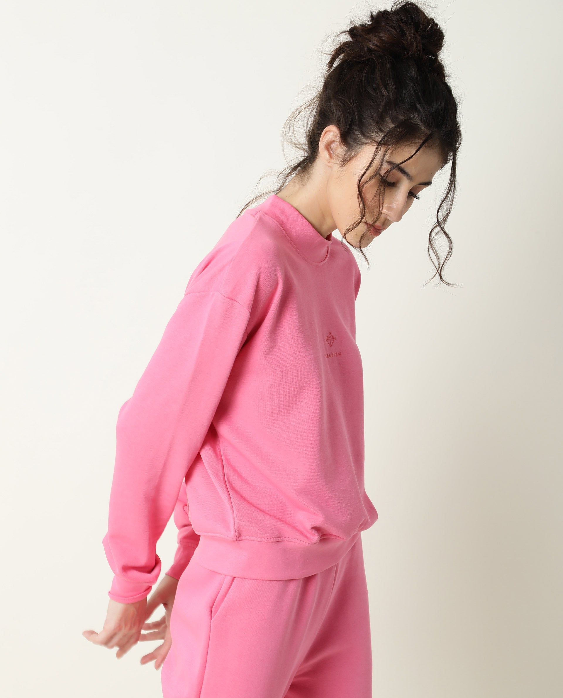 Rareism Women Necker Pink Relaxed Fit Full Sleeves Solid High Neck Sweatshirt