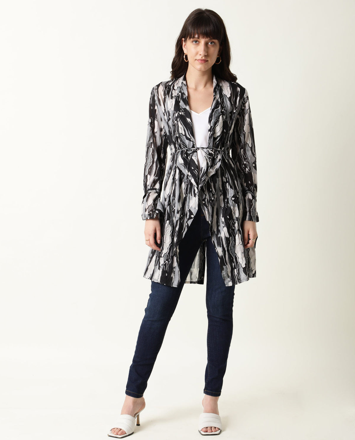 Rareism Women Shake Black Cotton Fabric Relaxed Fit Knee Length Abstract Print Collarless Outer Wear