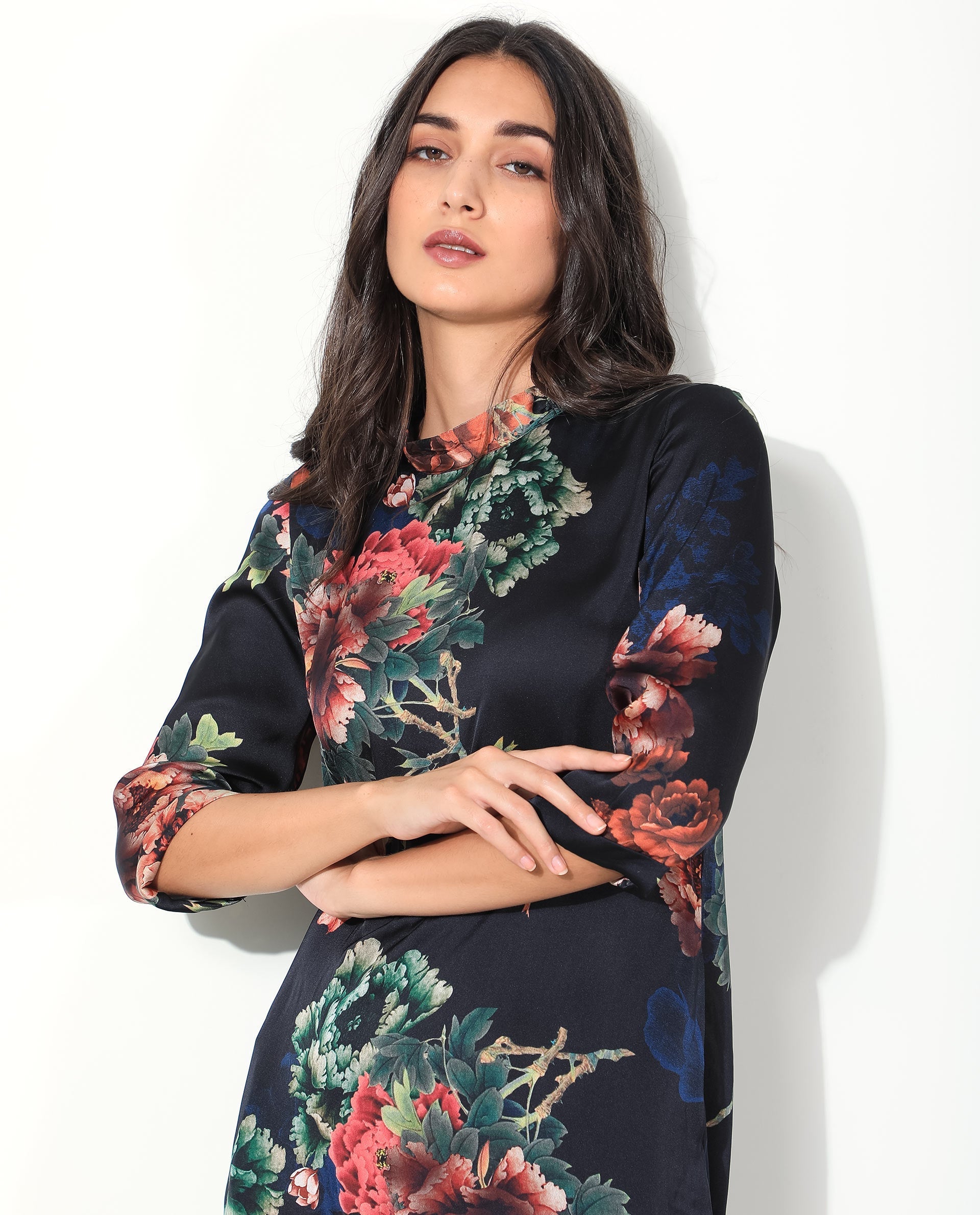 Rareism Women Astilbe Black Floral Print High Neck 3/4 Sleeves Asymmetric Knee Length Dress