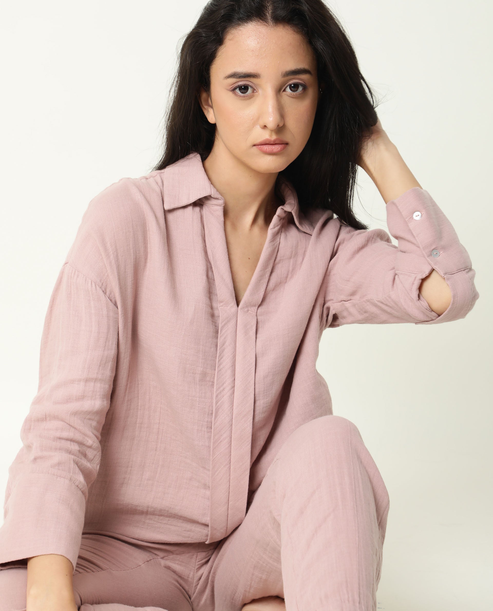 Rareism Womens Hemming Pink Top Cotton Fabric Regular Fit Cuffed Sleeve Collared Neck