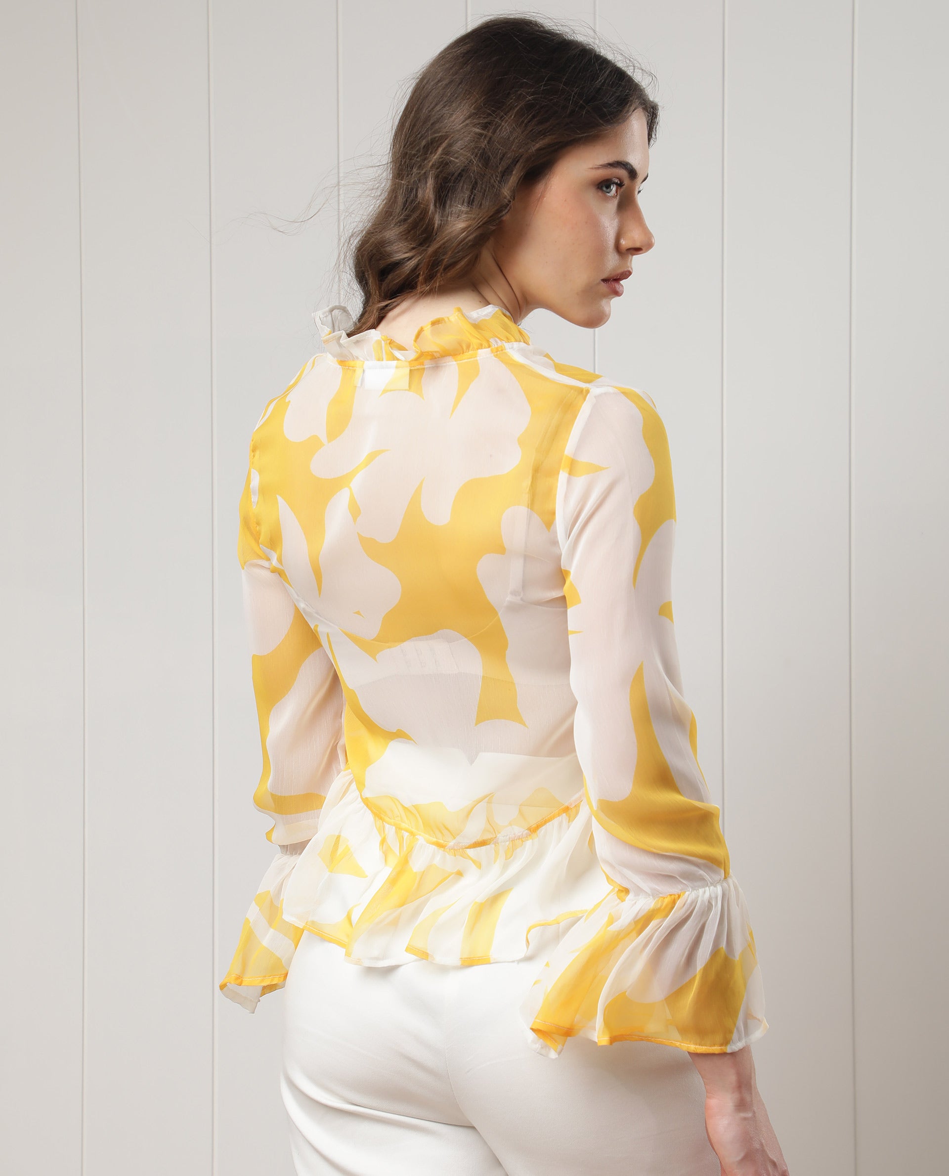 Rareism Women Simone White Polyester Fabric Full Sleeves Tie-Up Closure V-Neck Bell Sleeve Regular Fit Floral Print Shrug