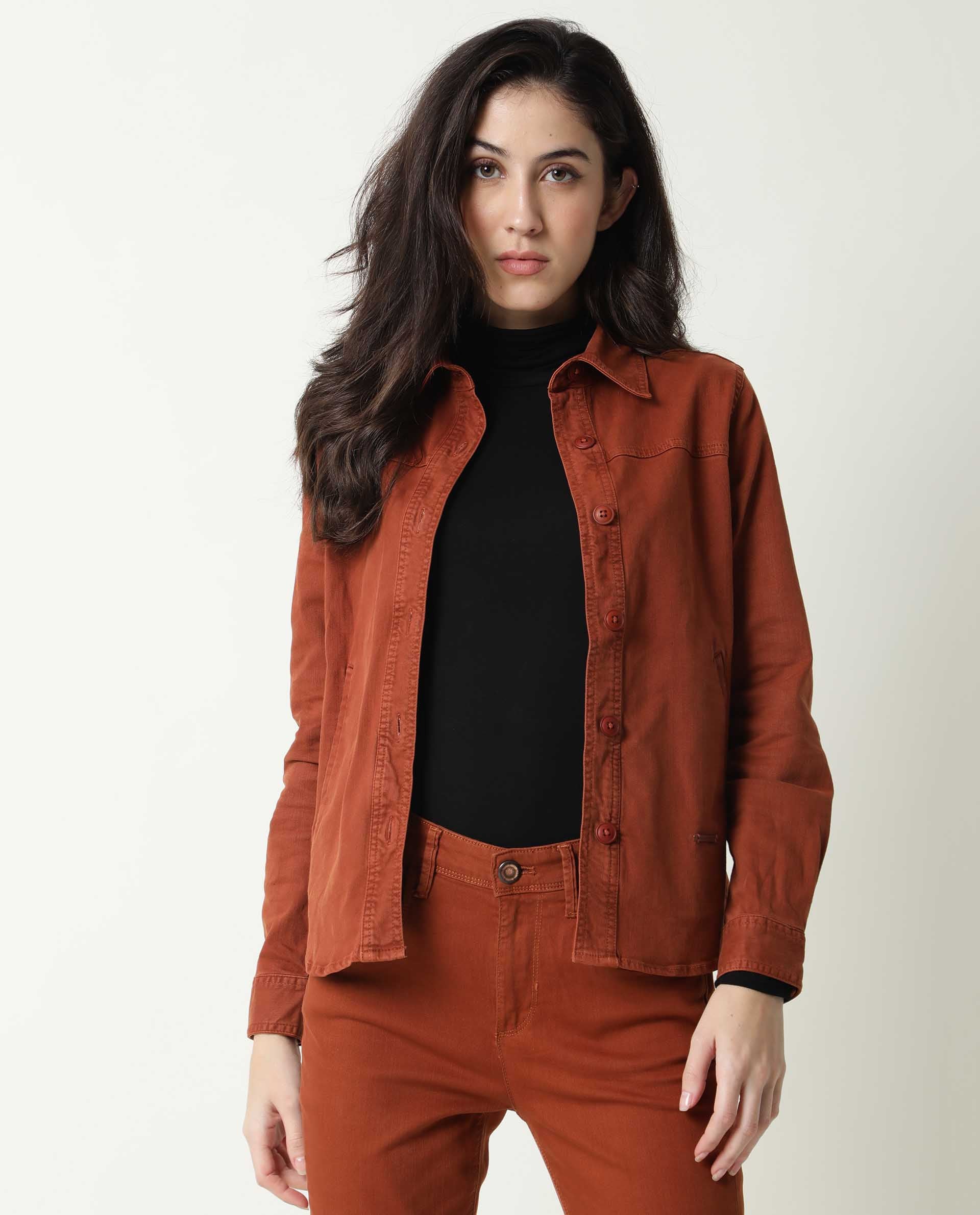 Rareism Women Mission Rust Cotton Lycra Fabric Full Sleeves Solid Shirt Collar Jacket