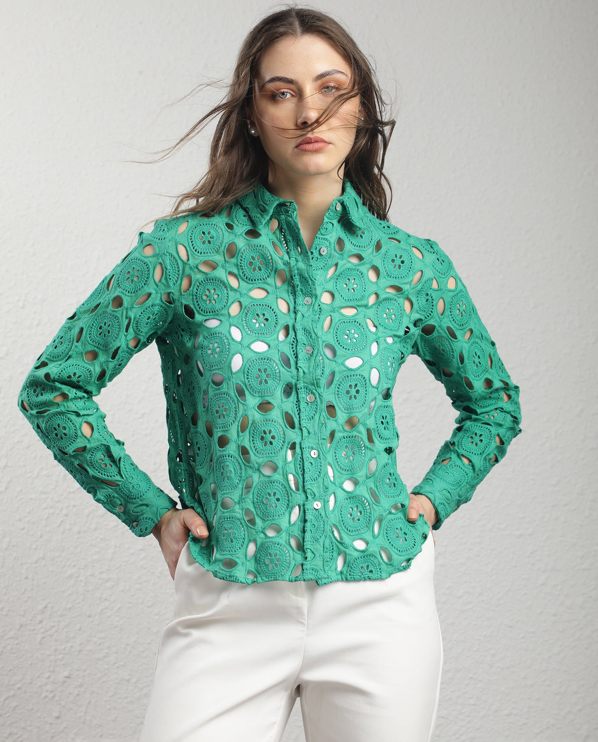 Rareism Women Olivia Green Top Cotton Fabric Full Sleeves Solid