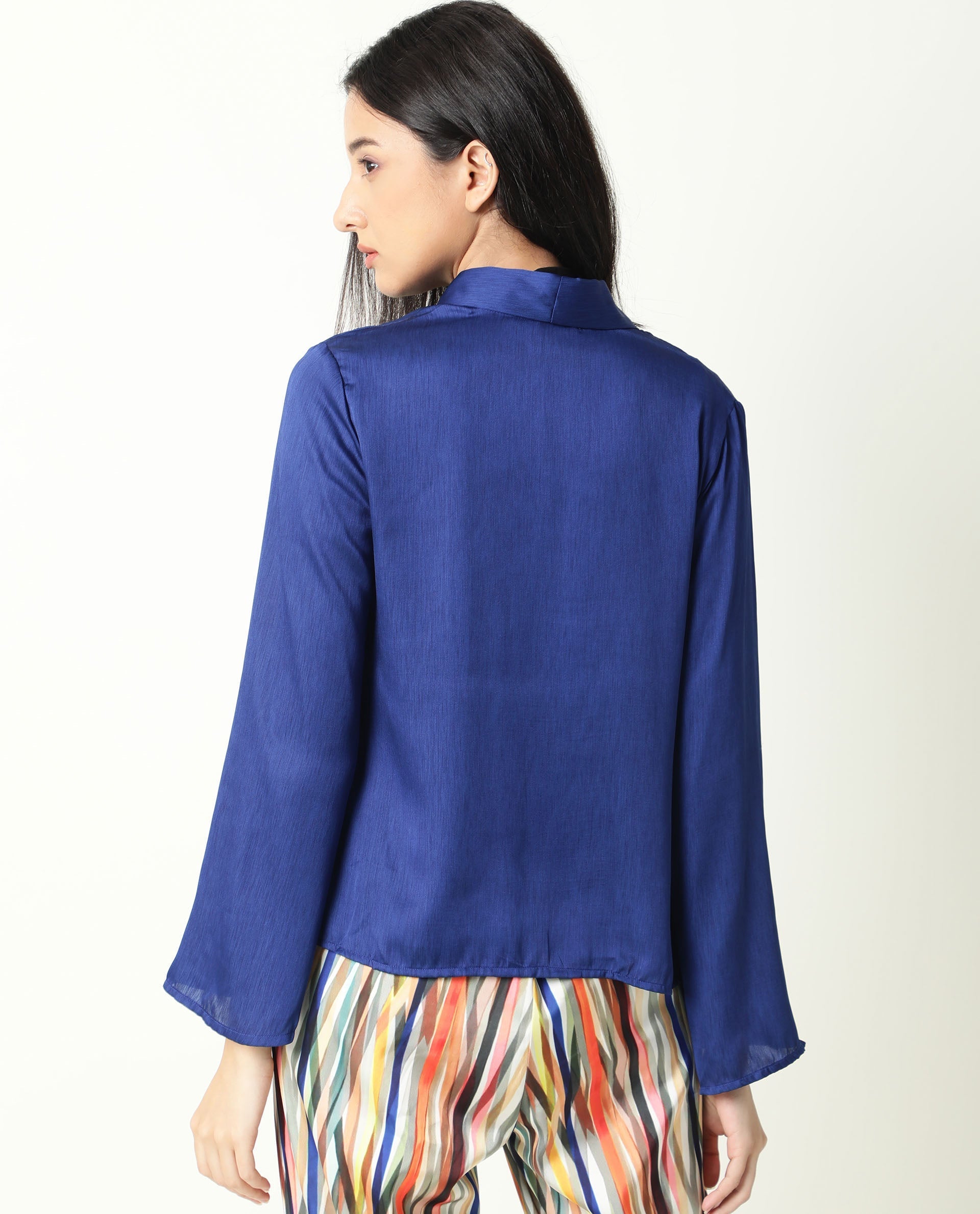 Rareism Women's Cuff Blue Polyester Shawl Neck Regular Fit Outer Wear