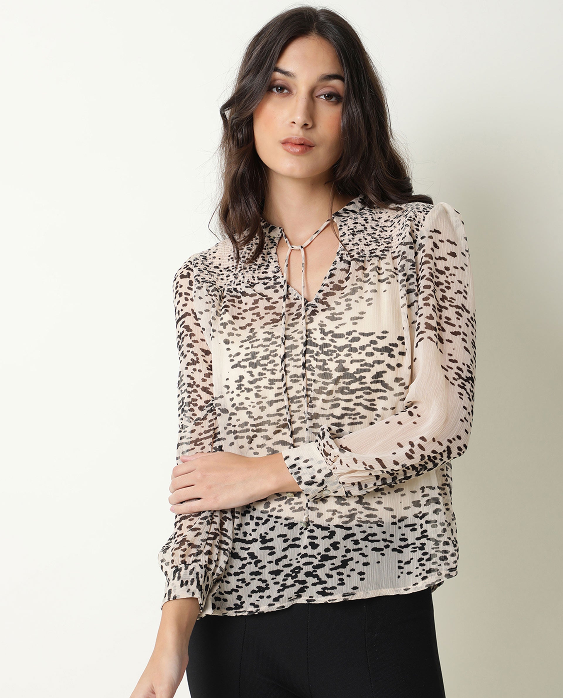 Rareism Women Claude Light Beige Polyester Fabric Regular Fit Tie-Up Neck Full Sleeves Abstract Print Top