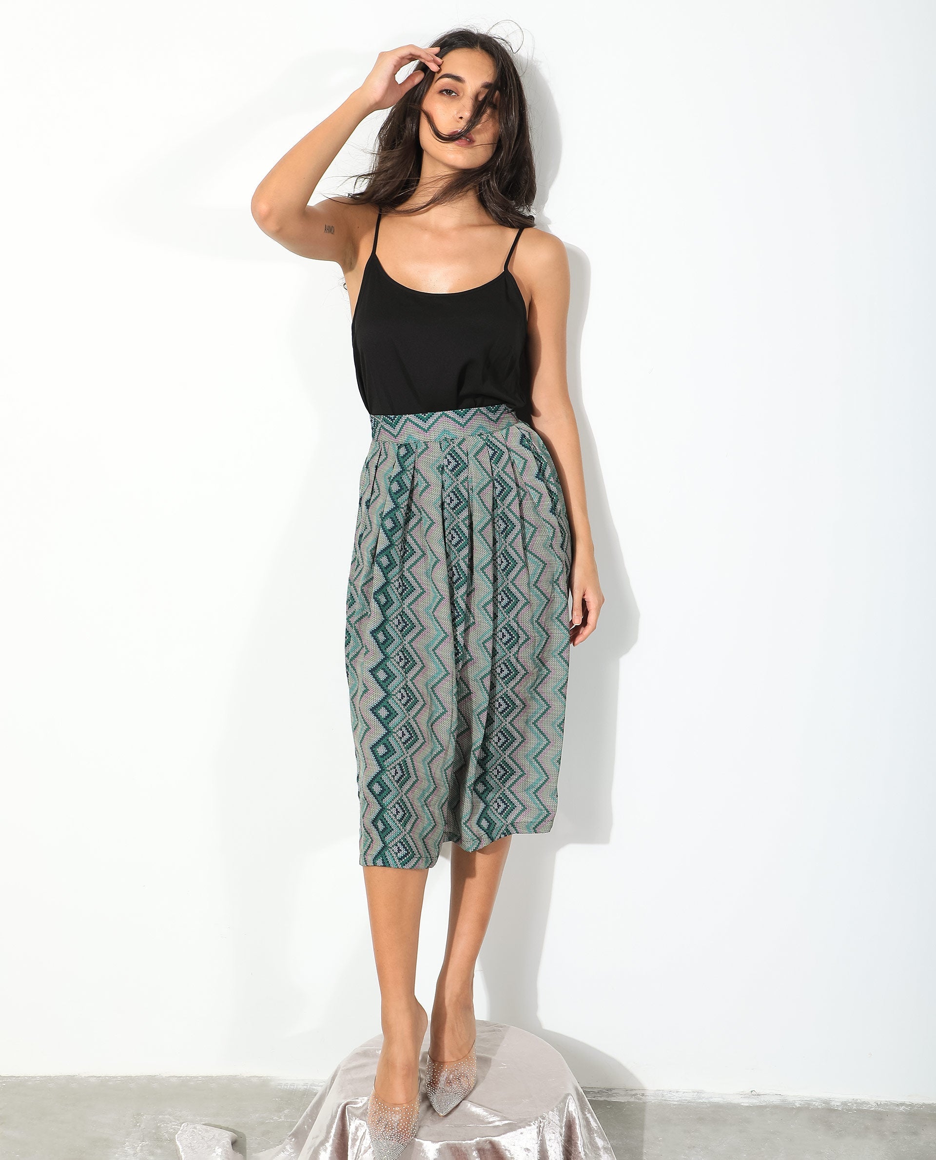 Rareism Women's Arabella Green Polyester Geometric Print Knee Length Regular Fit Skirt