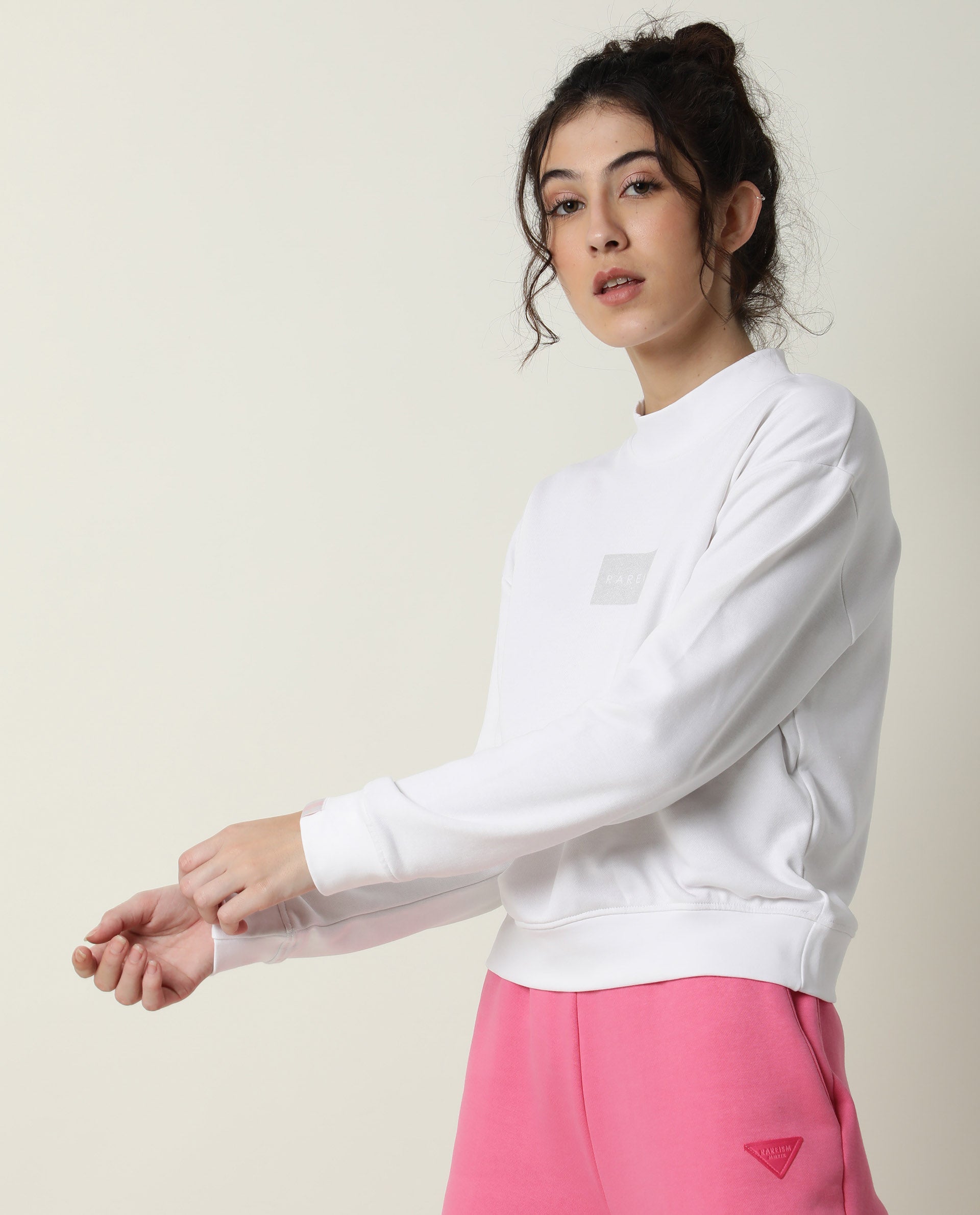 Rareism Women's Hectare White Cotton Blend High Neck Plain Relaxed Fit Sweatshirt