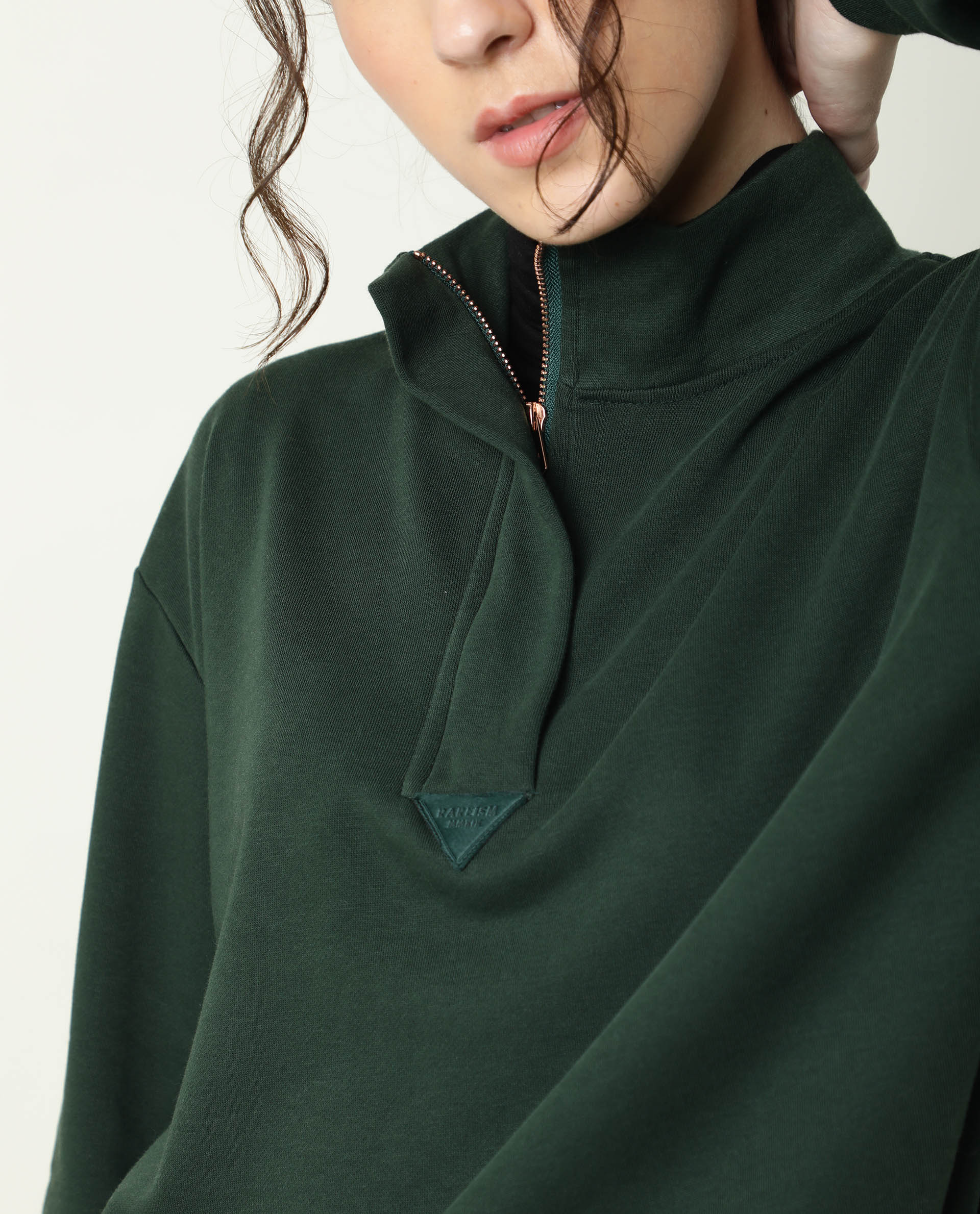Rareism Women Taffy-1 Green Relaxed Fit Full Sleeves Solid High Neck Sweatshirt