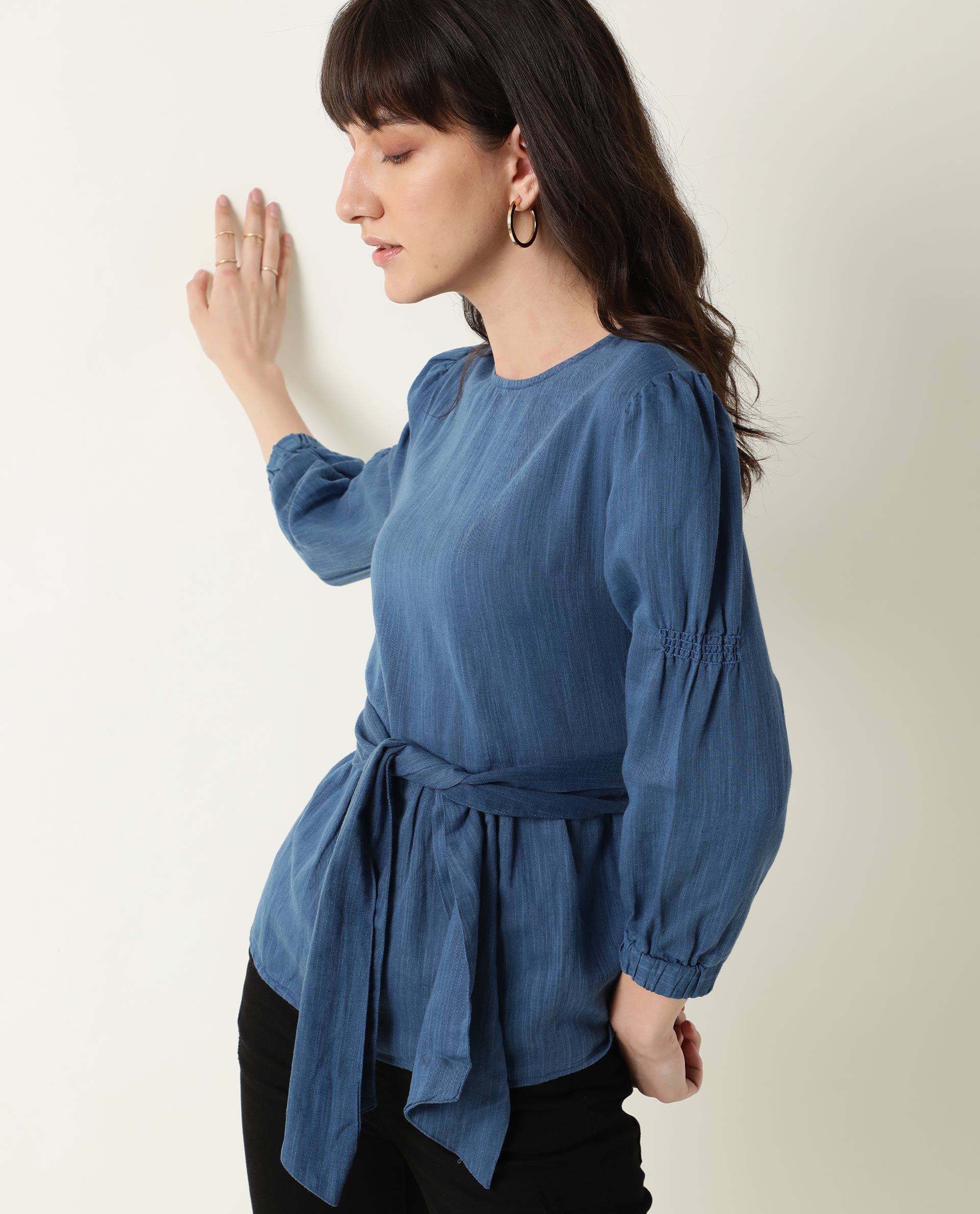 Rareism Womens Mocky Petrol Top Full Sleeve Elasticated Cuff Crew Neck
