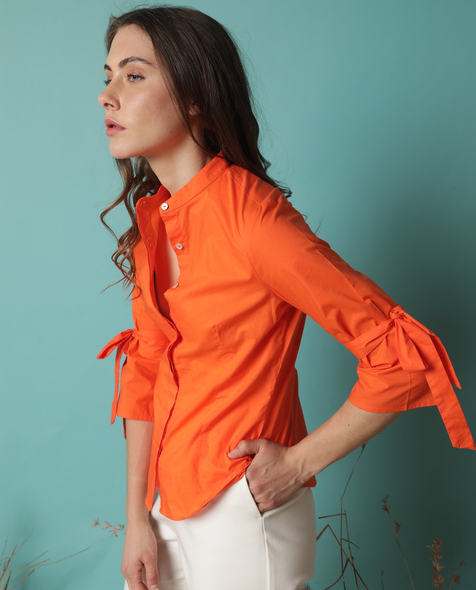 Rareism Women Tips Orange Cotton Fabric 3/4Th Sleeves Button Closure Mandarin Collar Regular Fit Plain Top