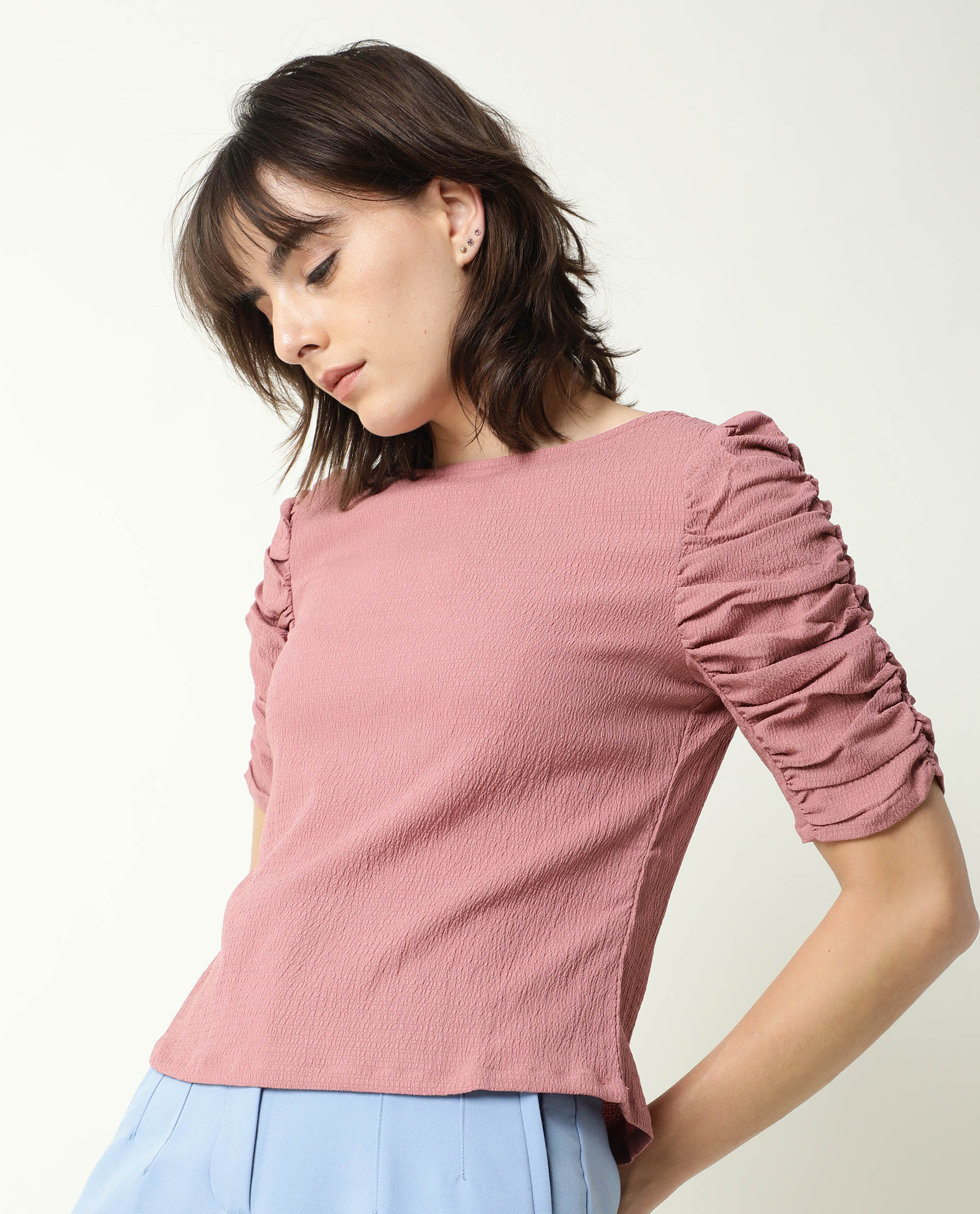 Rareism Women's Frozen Brown Cotton Boat Neck Plain Ruffled Sleeve Regular Fit Top