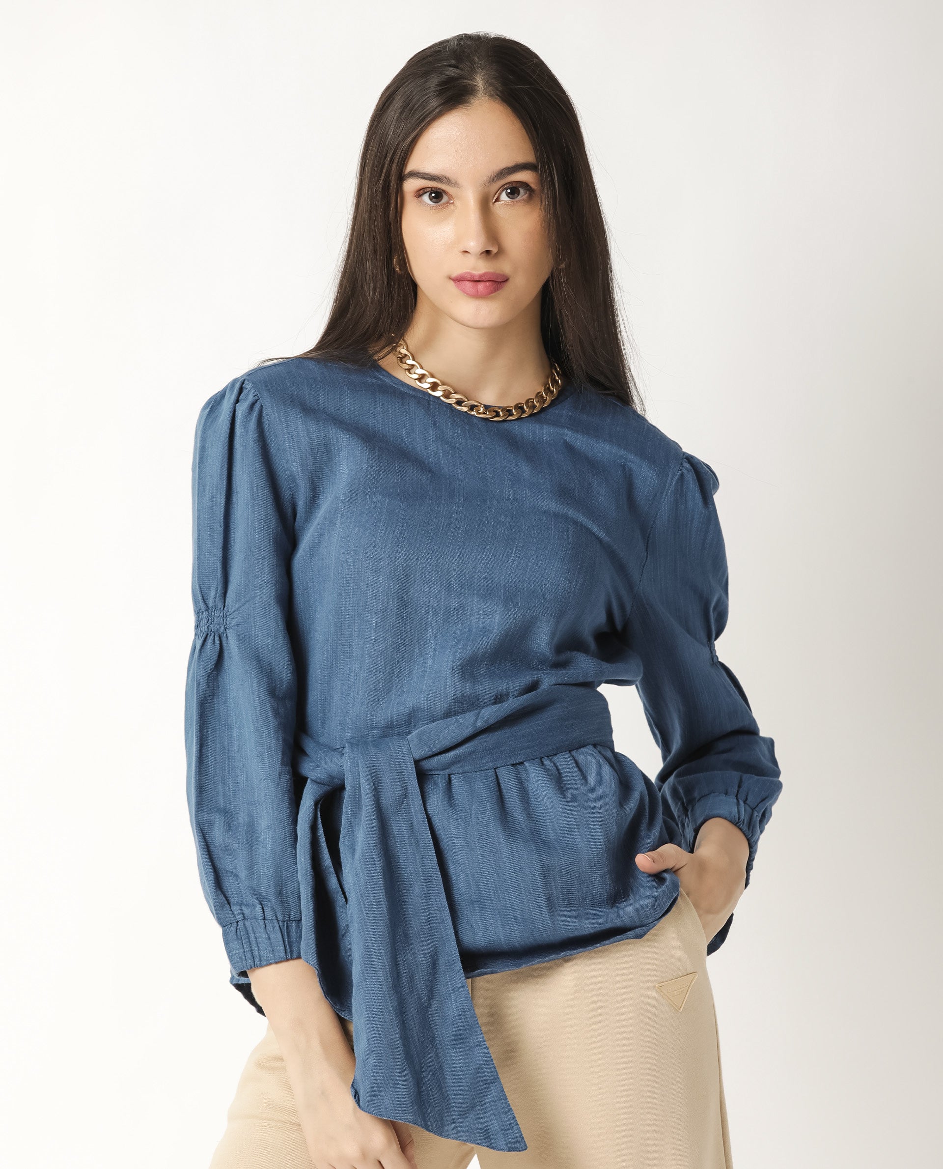 Rareism Womens Mocky Petrol Top Full Sleeve Elasticated Cuff Crew Neck