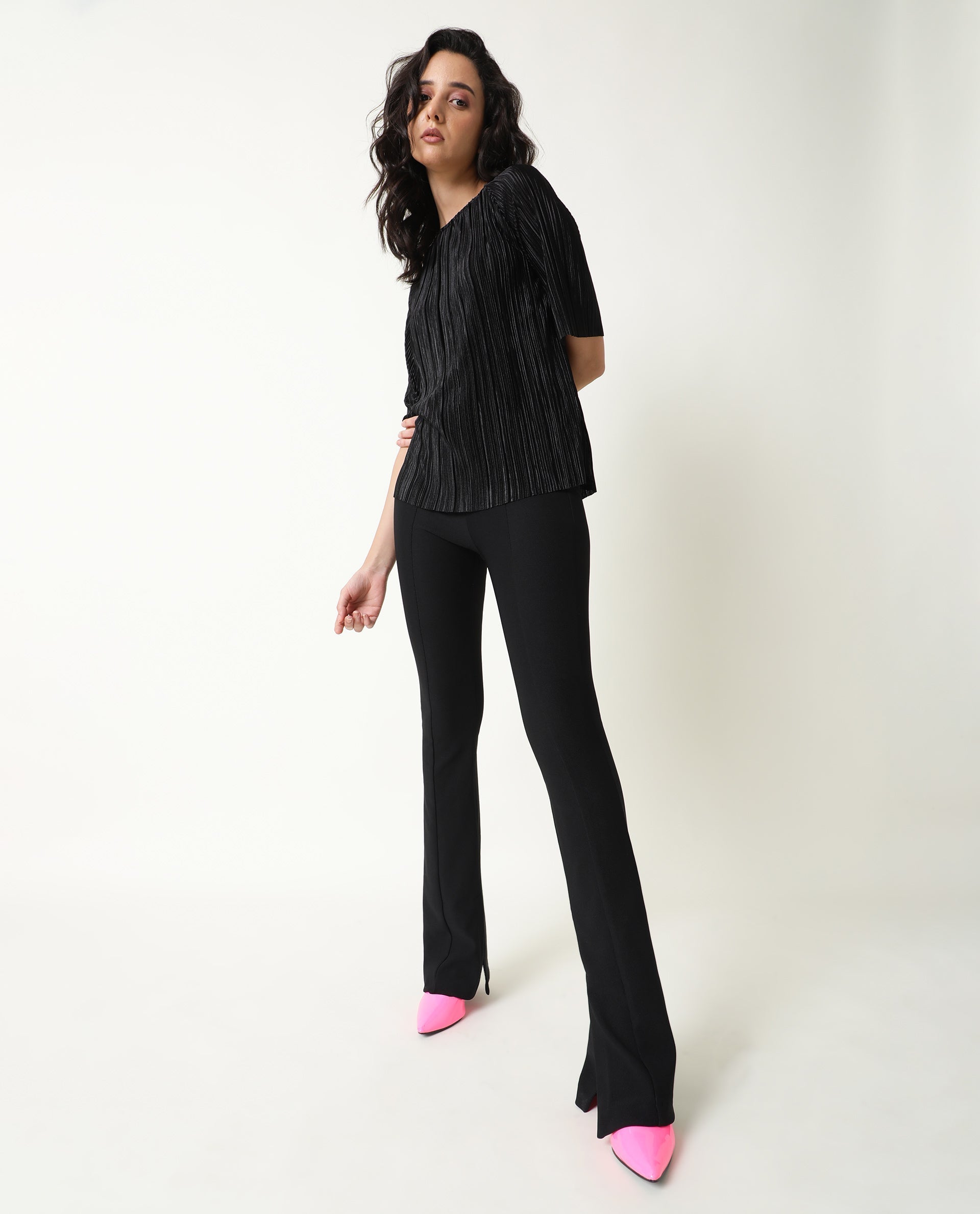 Rareism Women Shory Black Top Polyester Fabric Full Sleeves Solid