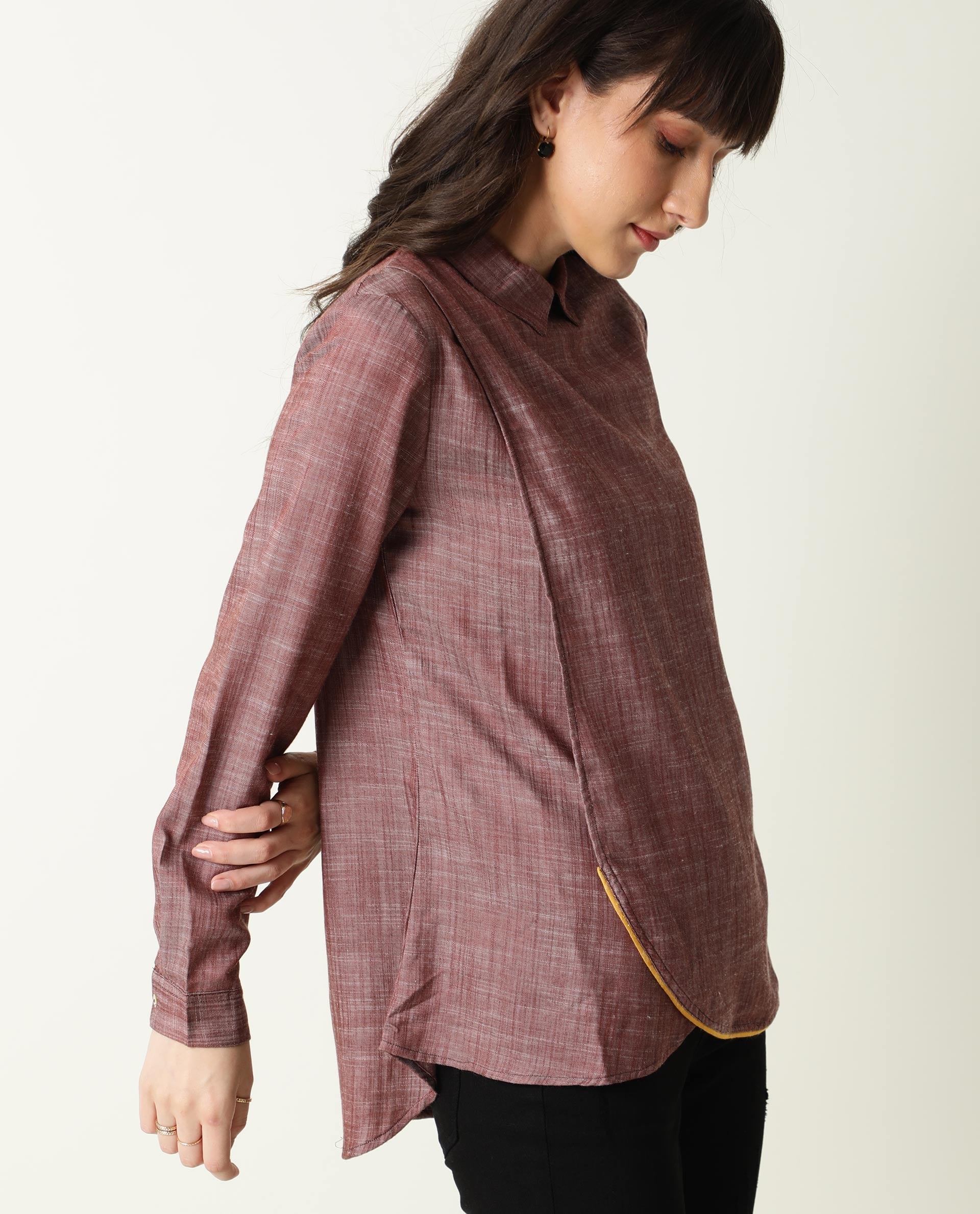 Rareism Womens Kara Brown Top Polycotton Fabric Full Sleeves Collar Neck