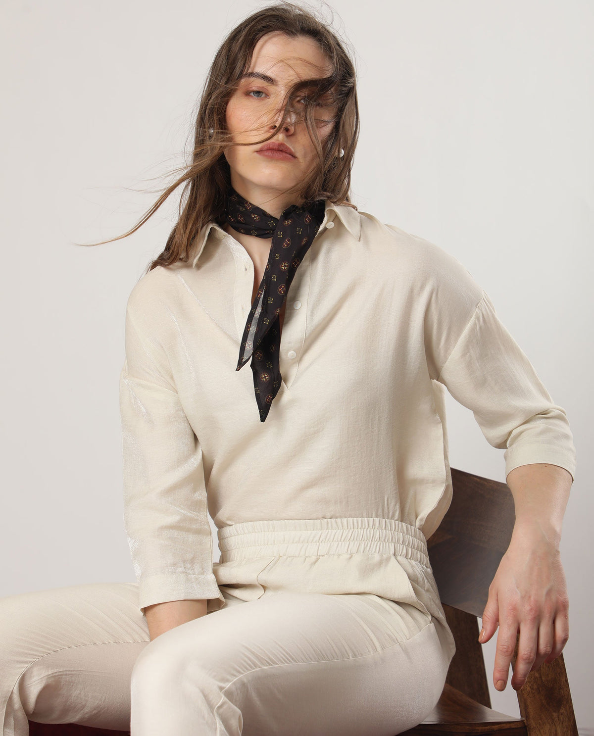 Rareism Women Velynn Beige Polyester Fabric Regular Fit Shirt Collar 3/4Th Sleeves Solid Top
