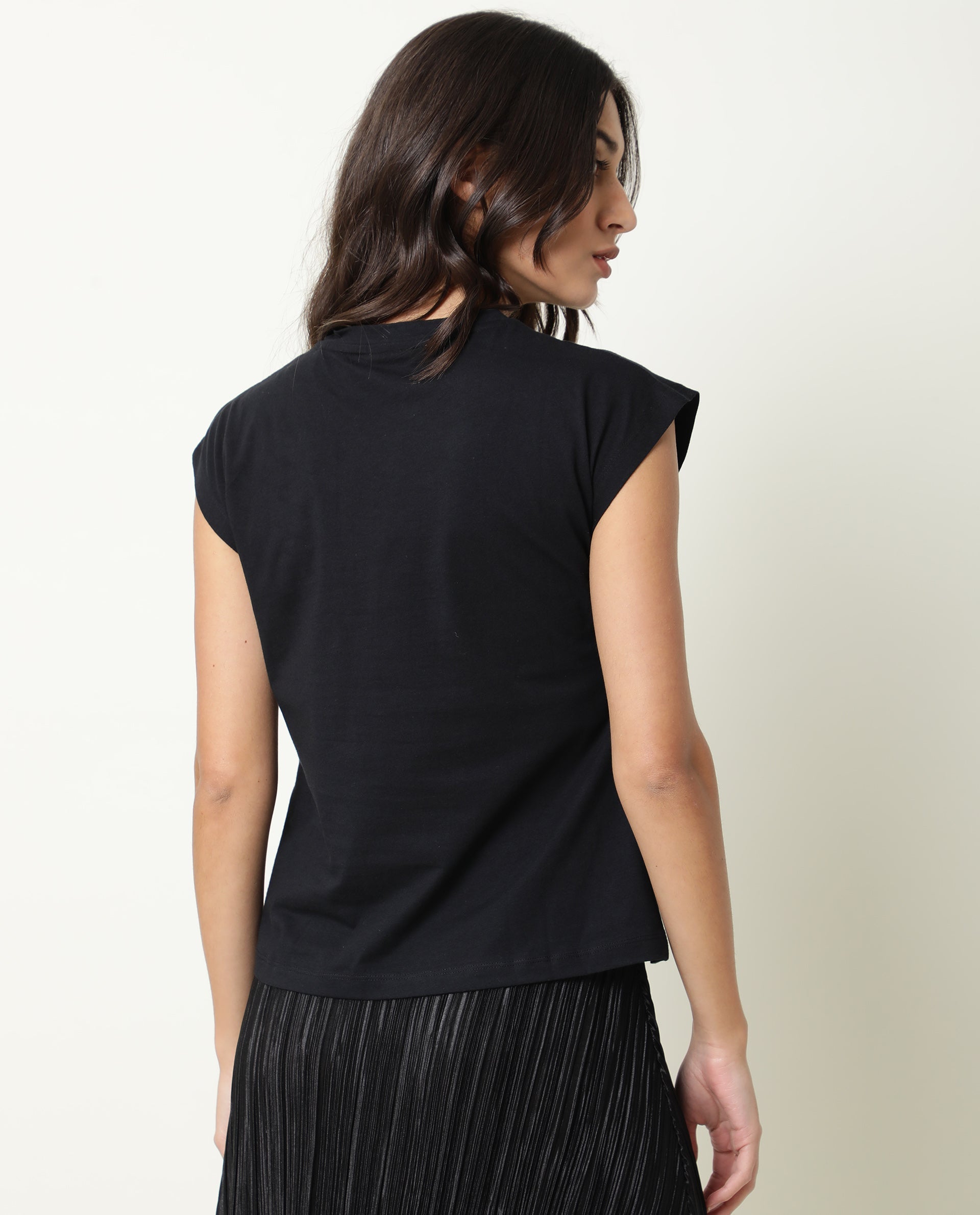 Rareism Womens Baga Black T-Shirt Cotton Fabric Crew Neck Short Sleeve